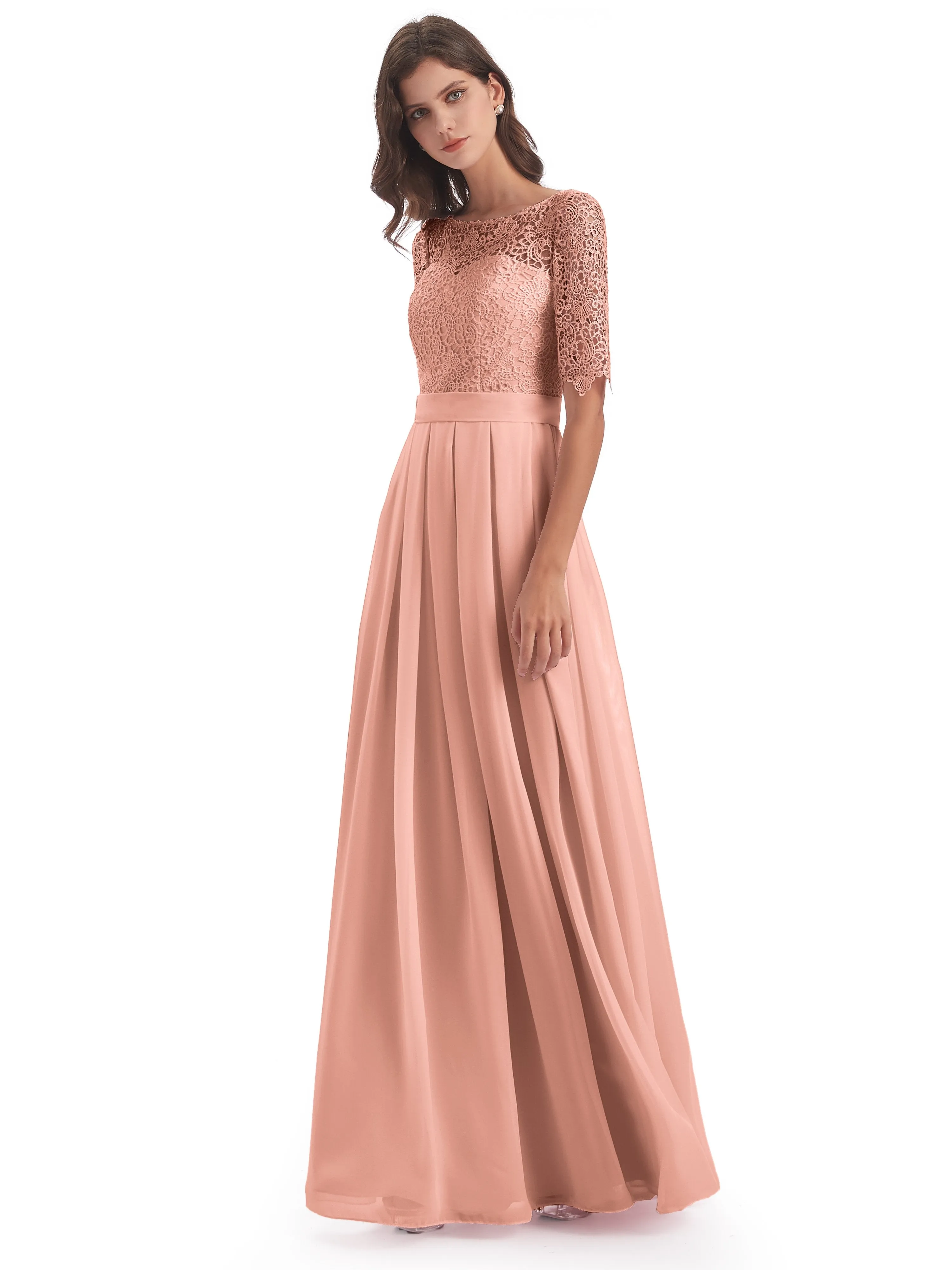 Brielle Impressive Lace Half Sleeves Chiffon Long Bridesmaid Dresses