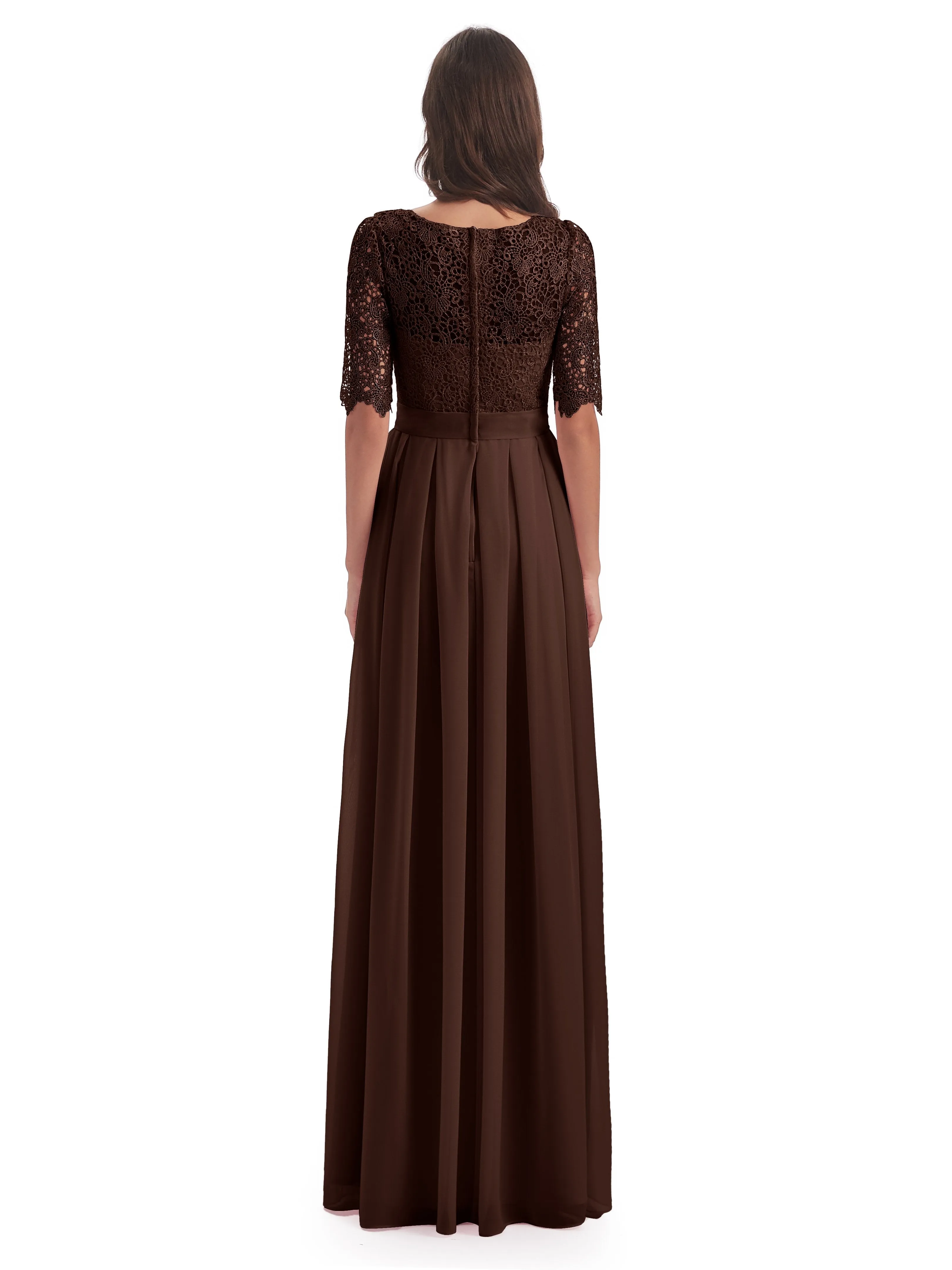 Brielle Impressive Lace Half Sleeves Chiffon Long Bridesmaid Dresses