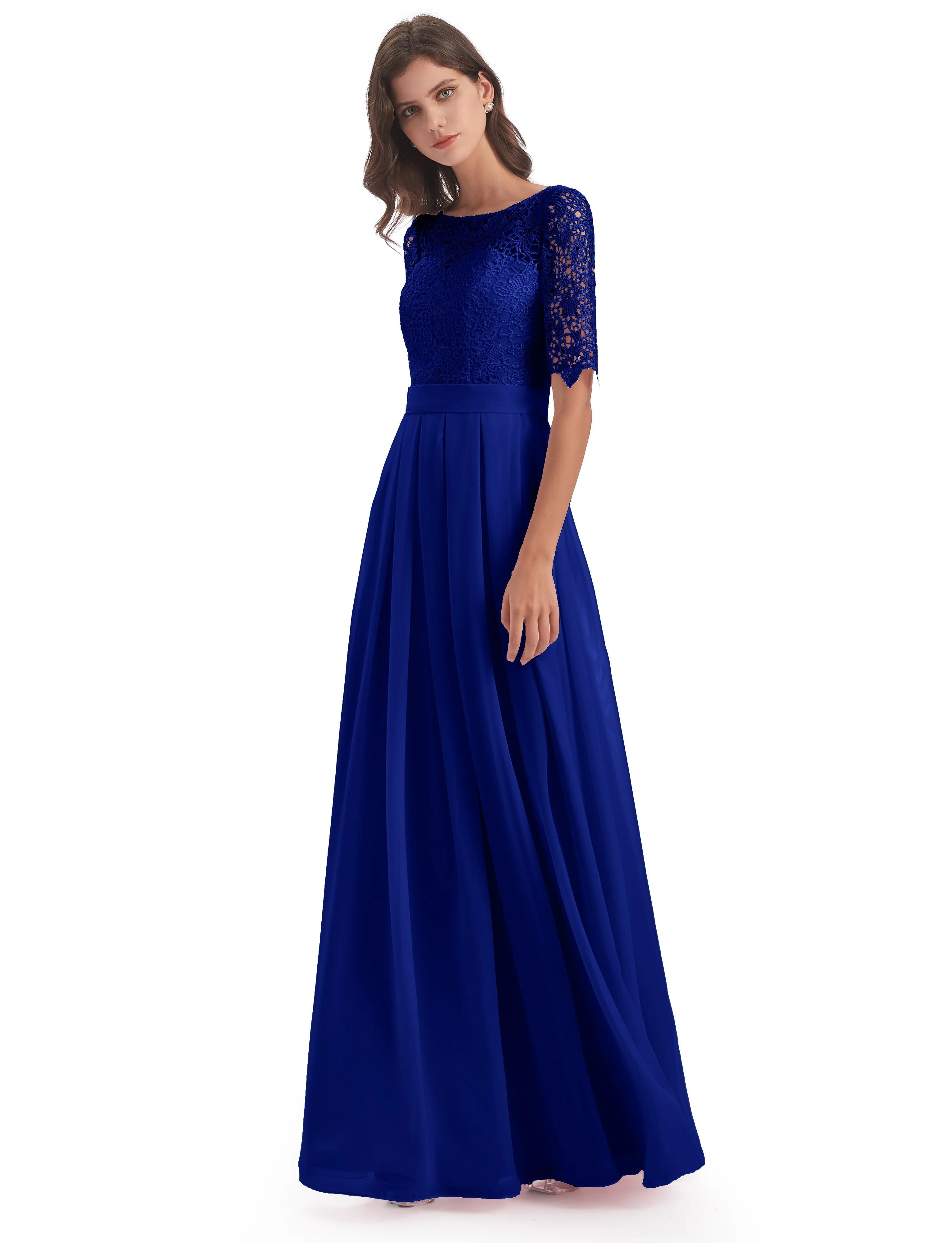 Brielle Impressive Lace Half Sleeves Chiffon Long Bridesmaid Dresses