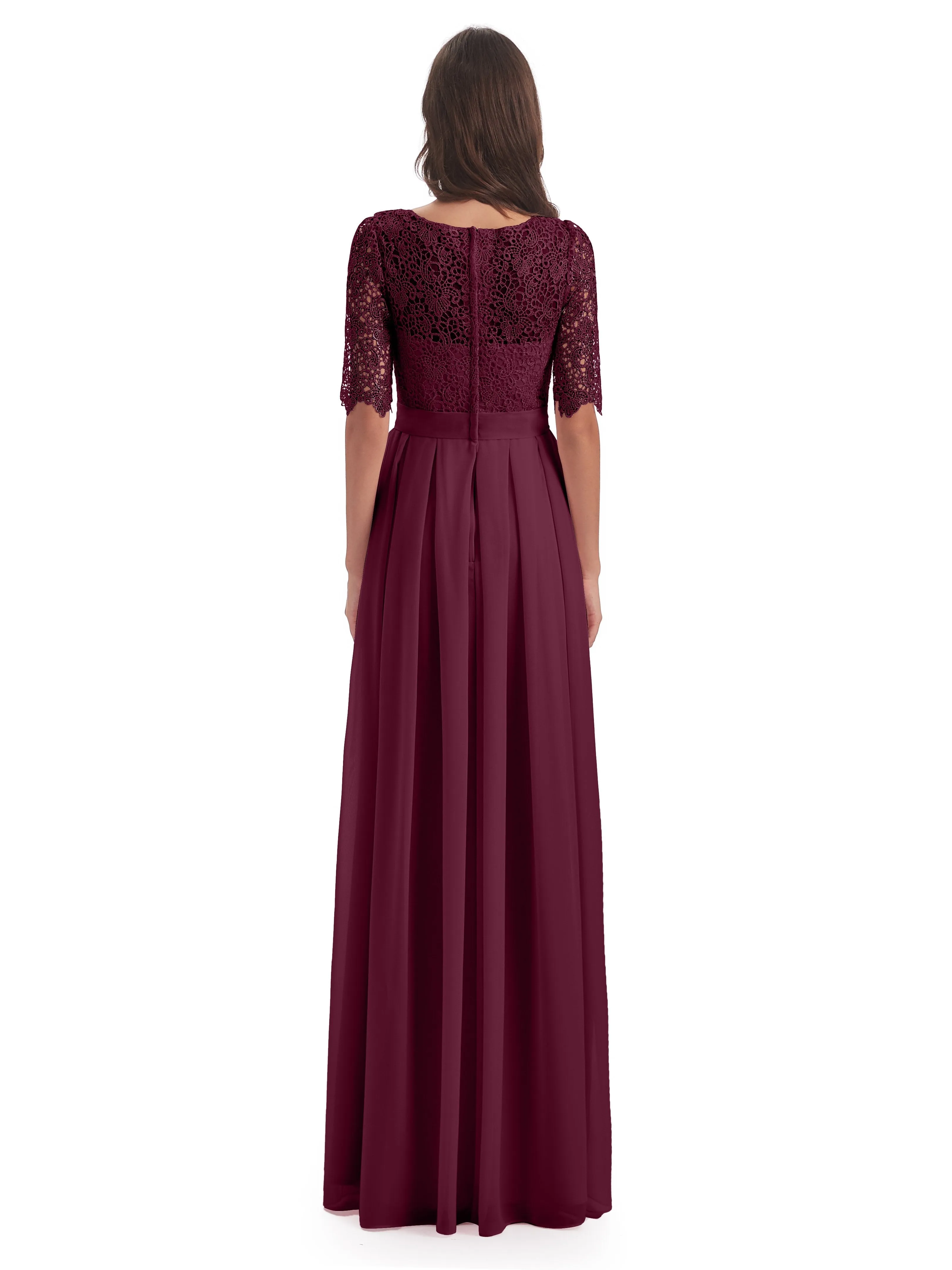 Brielle Impressive Lace Half Sleeves Chiffon Long Bridesmaid Dresses