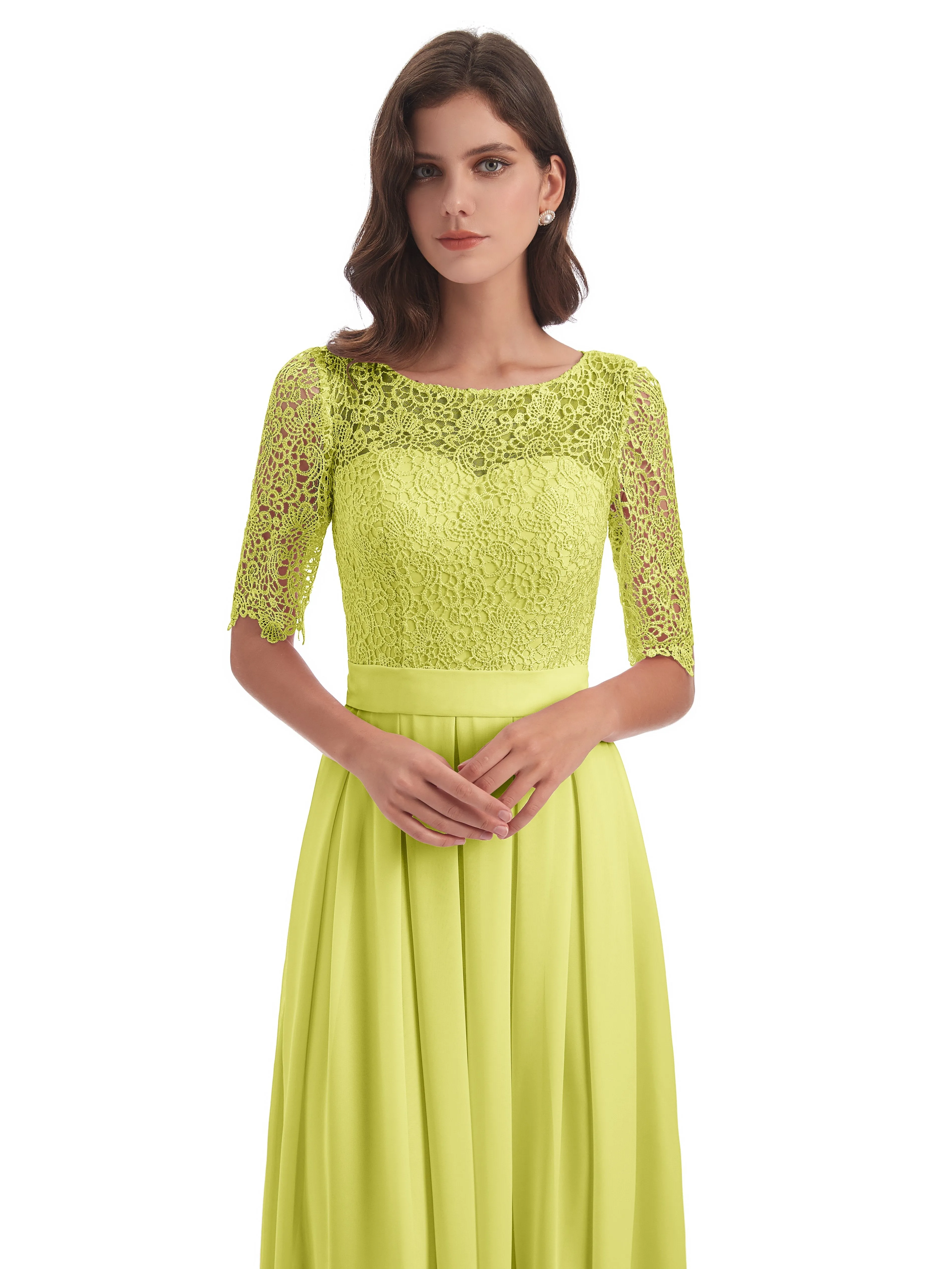 Brielle Impressive Lace Half Sleeves Chiffon Long Bridesmaid Dresses