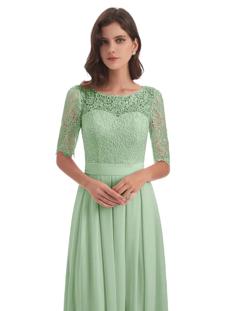 Brielle Impressive Lace Half Sleeves Chiffon Long Bridesmaid Dresses