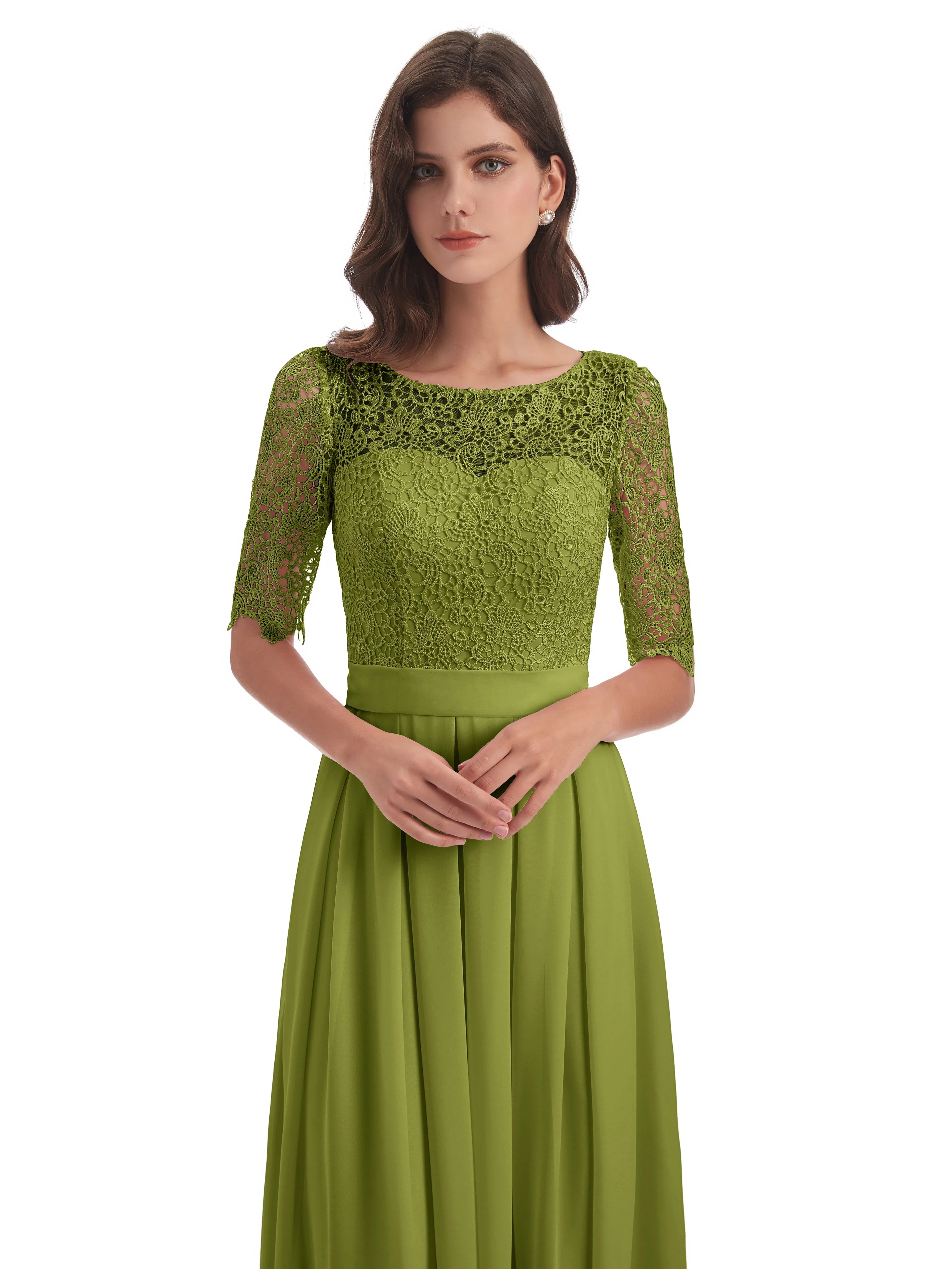 Brielle Impressive Lace Half Sleeves Chiffon Long Bridesmaid Dresses