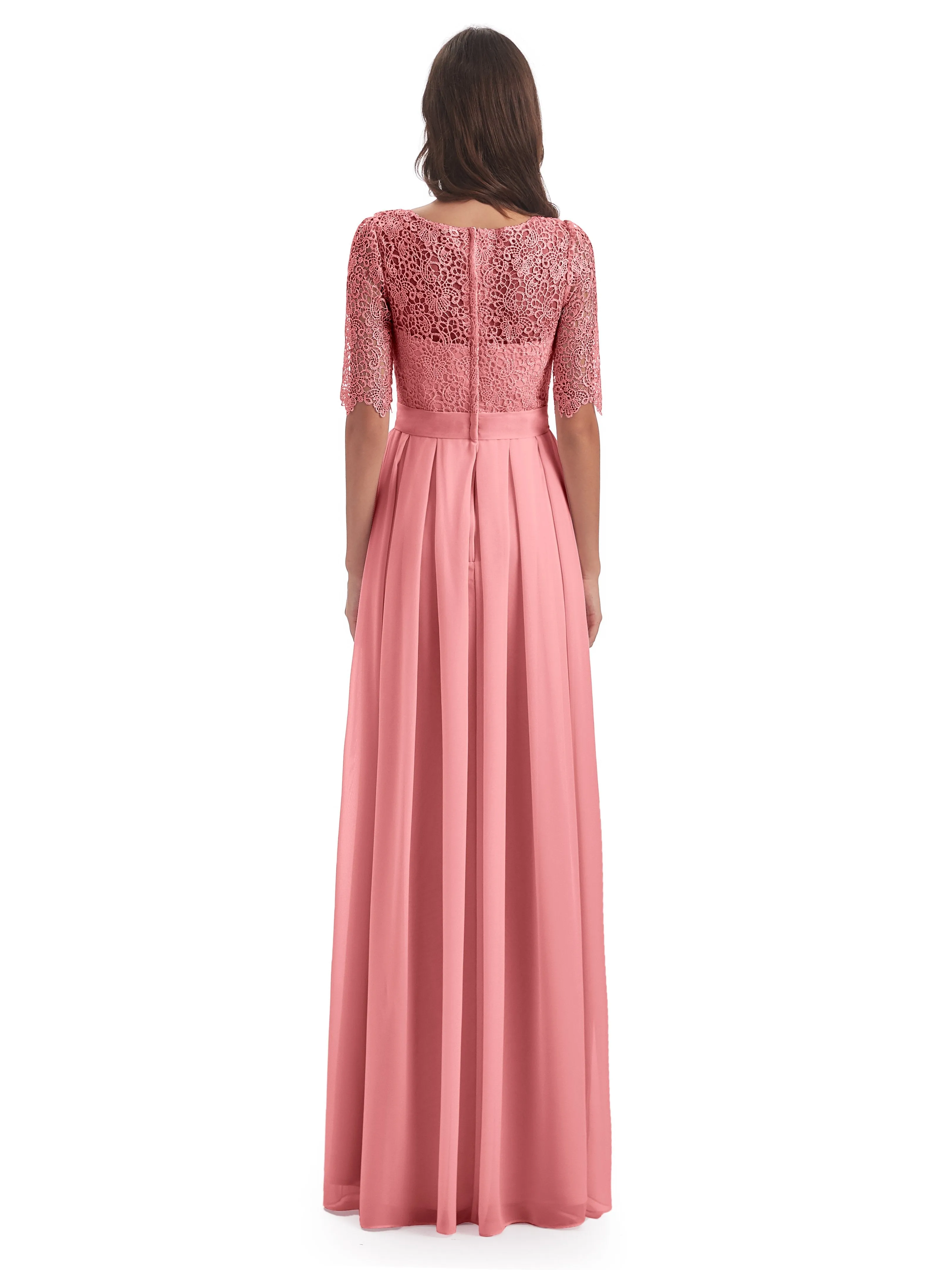 Brielle Impressive Lace Half Sleeves Chiffon Long Bridesmaid Dresses