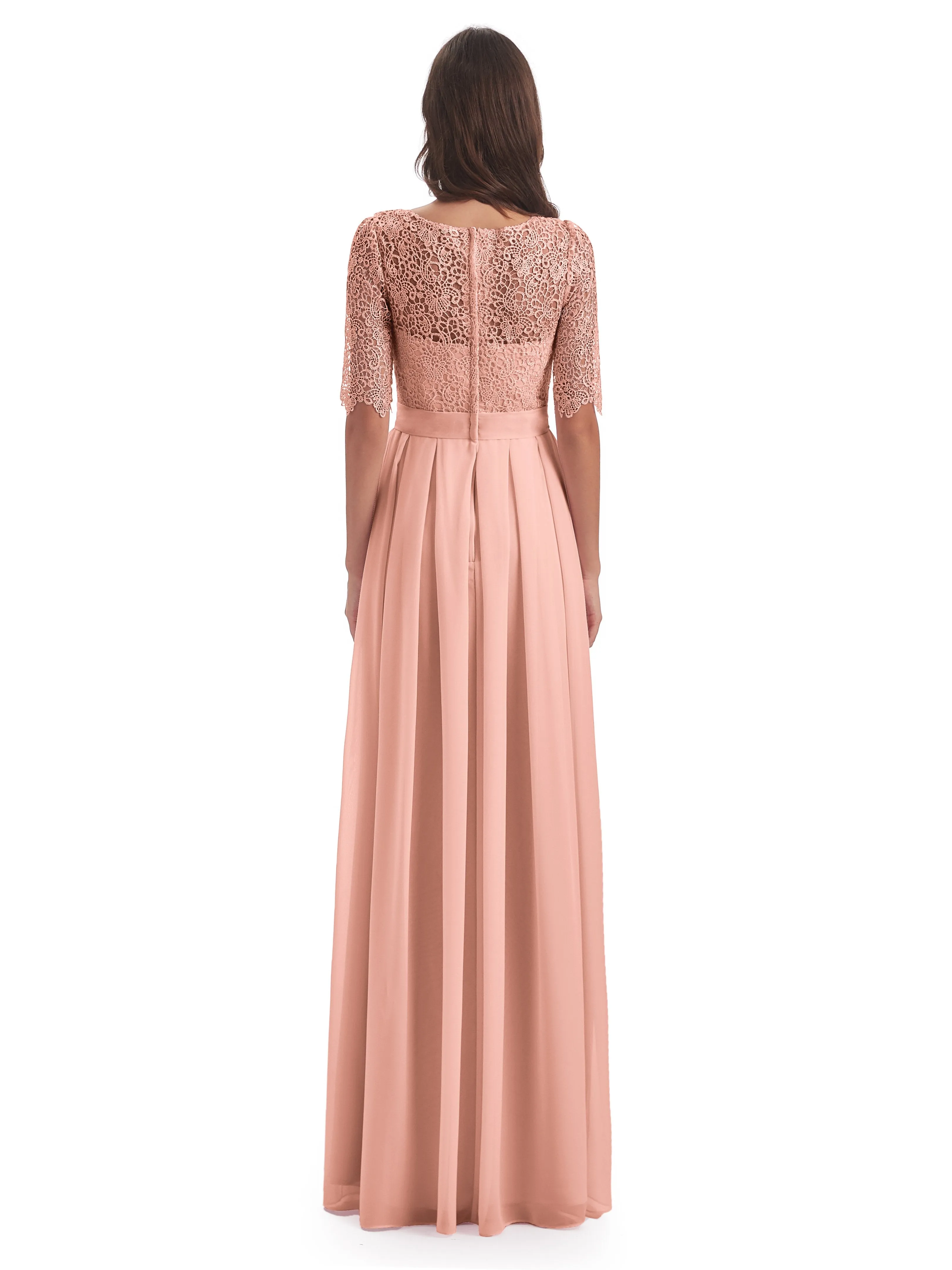 Brielle Impressive Lace Half Sleeves Chiffon Long Bridesmaid Dresses