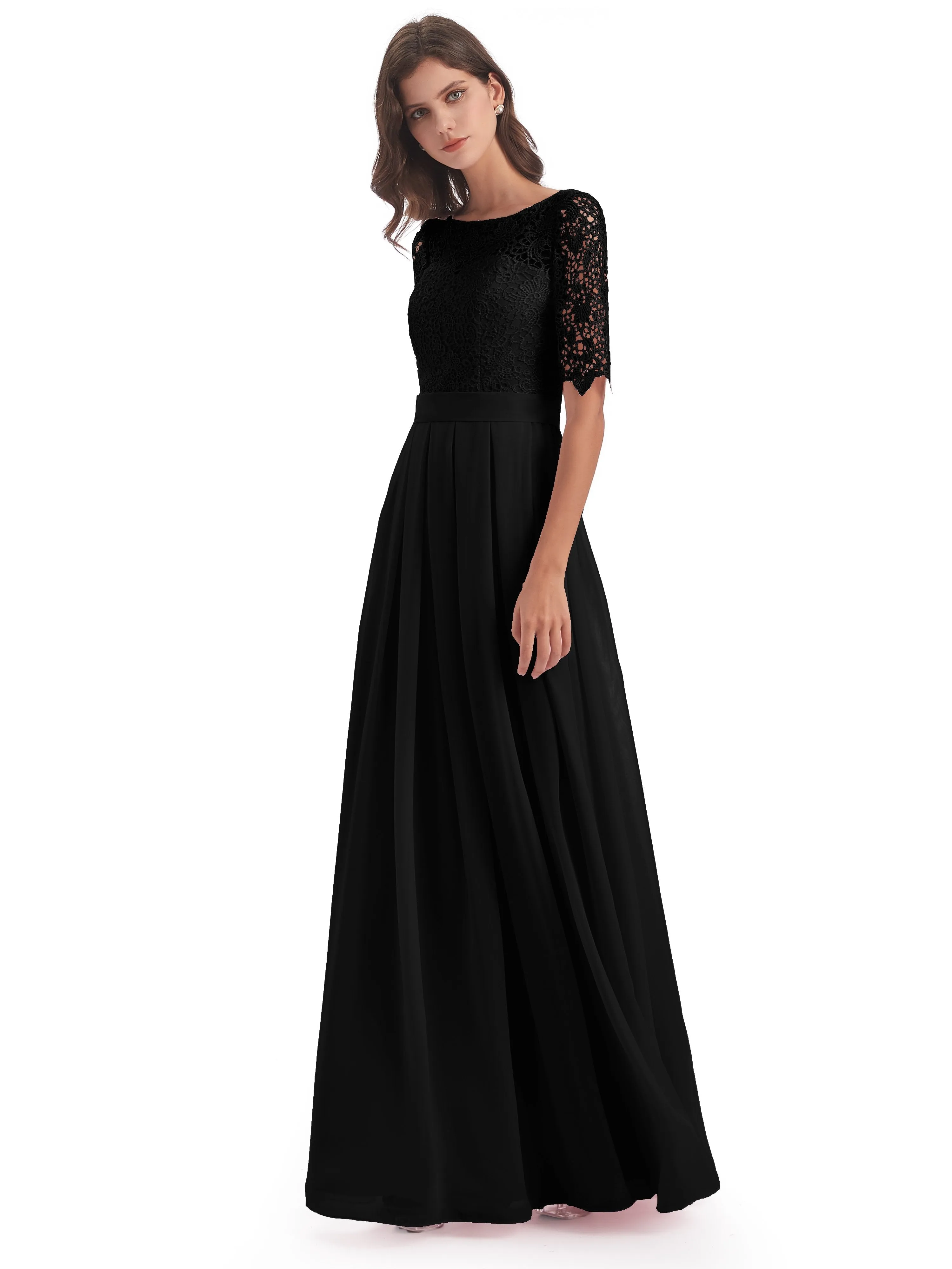 Brielle Impressive Lace Half Sleeves Chiffon Long Bridesmaid Dresses