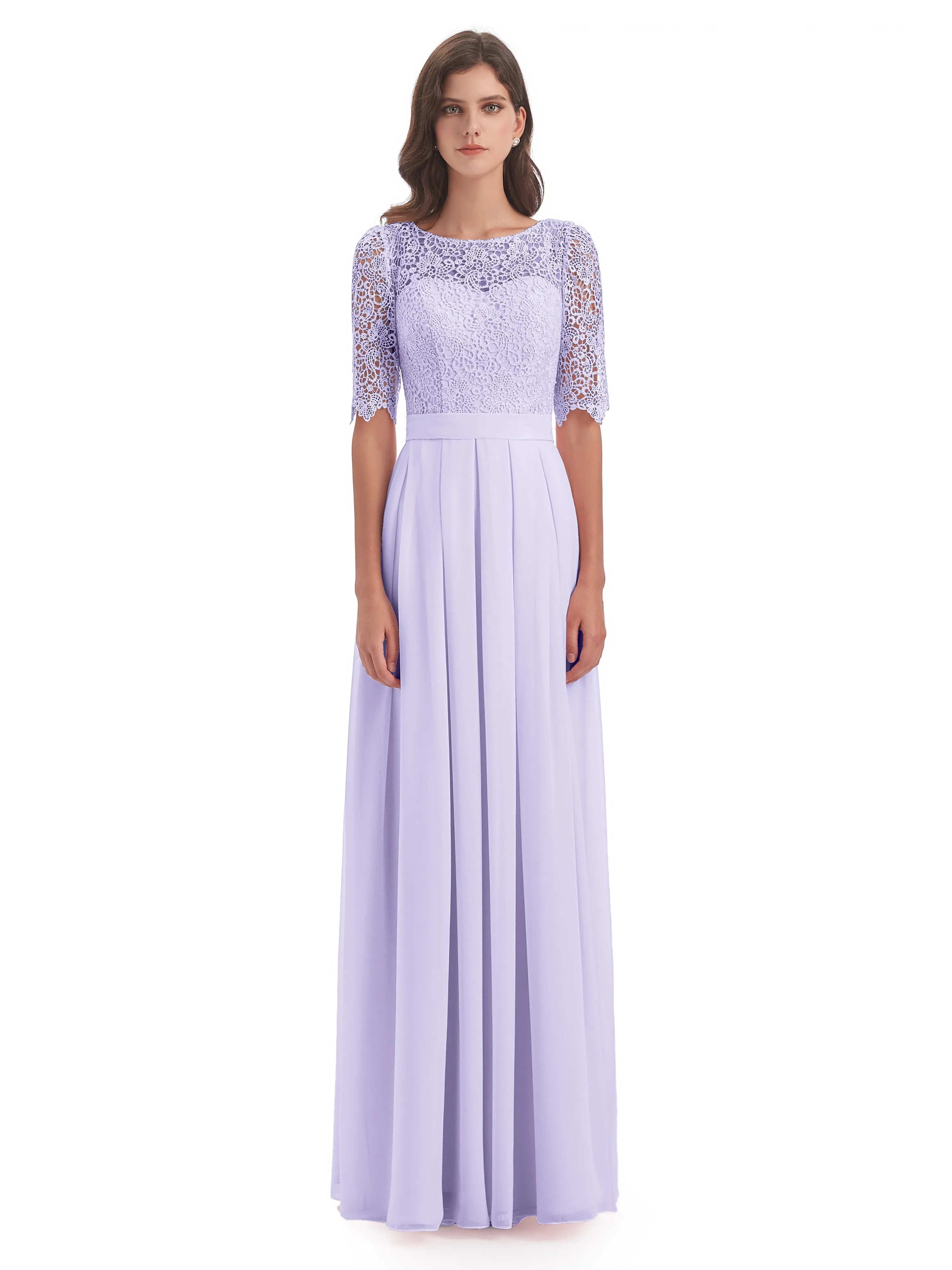 Brielle Impressive Lace Half Sleeves Chiffon Long Bridesmaid Dresses