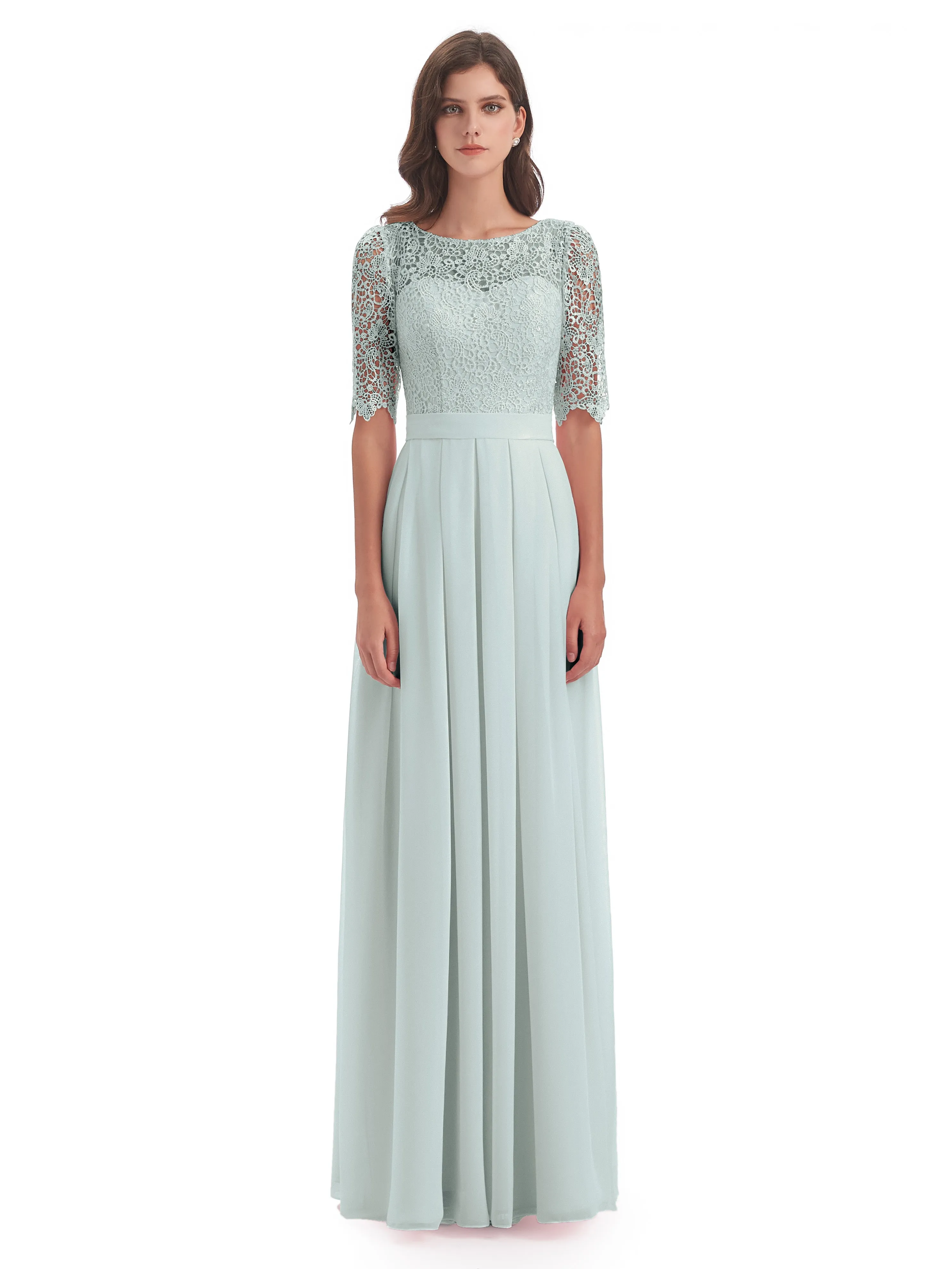 Brielle Impressive Lace Half Sleeves Chiffon Long Bridesmaid Dresses