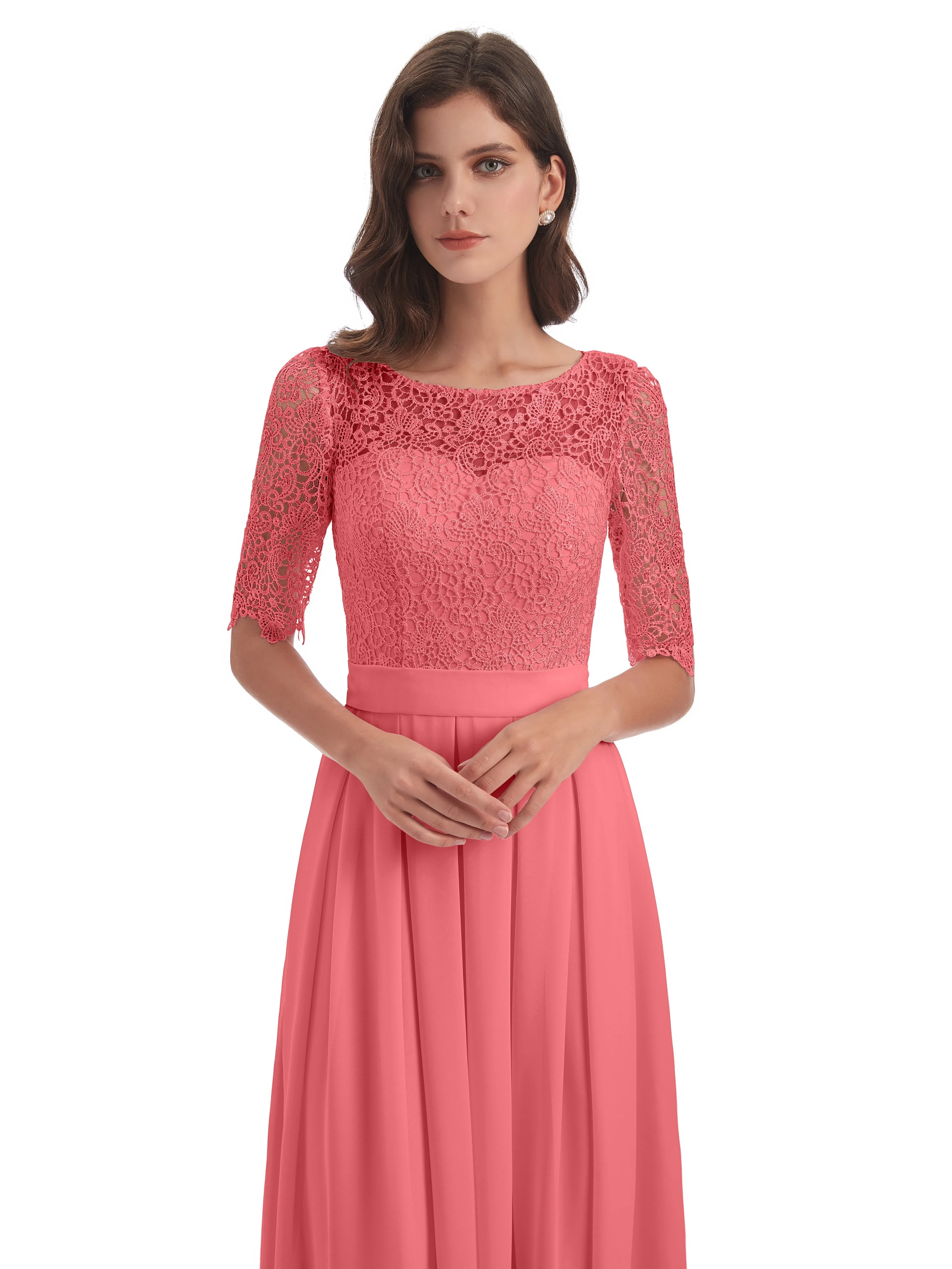 Brielle Impressive Lace Half Sleeves Chiffon Long Bridesmaid Dresses