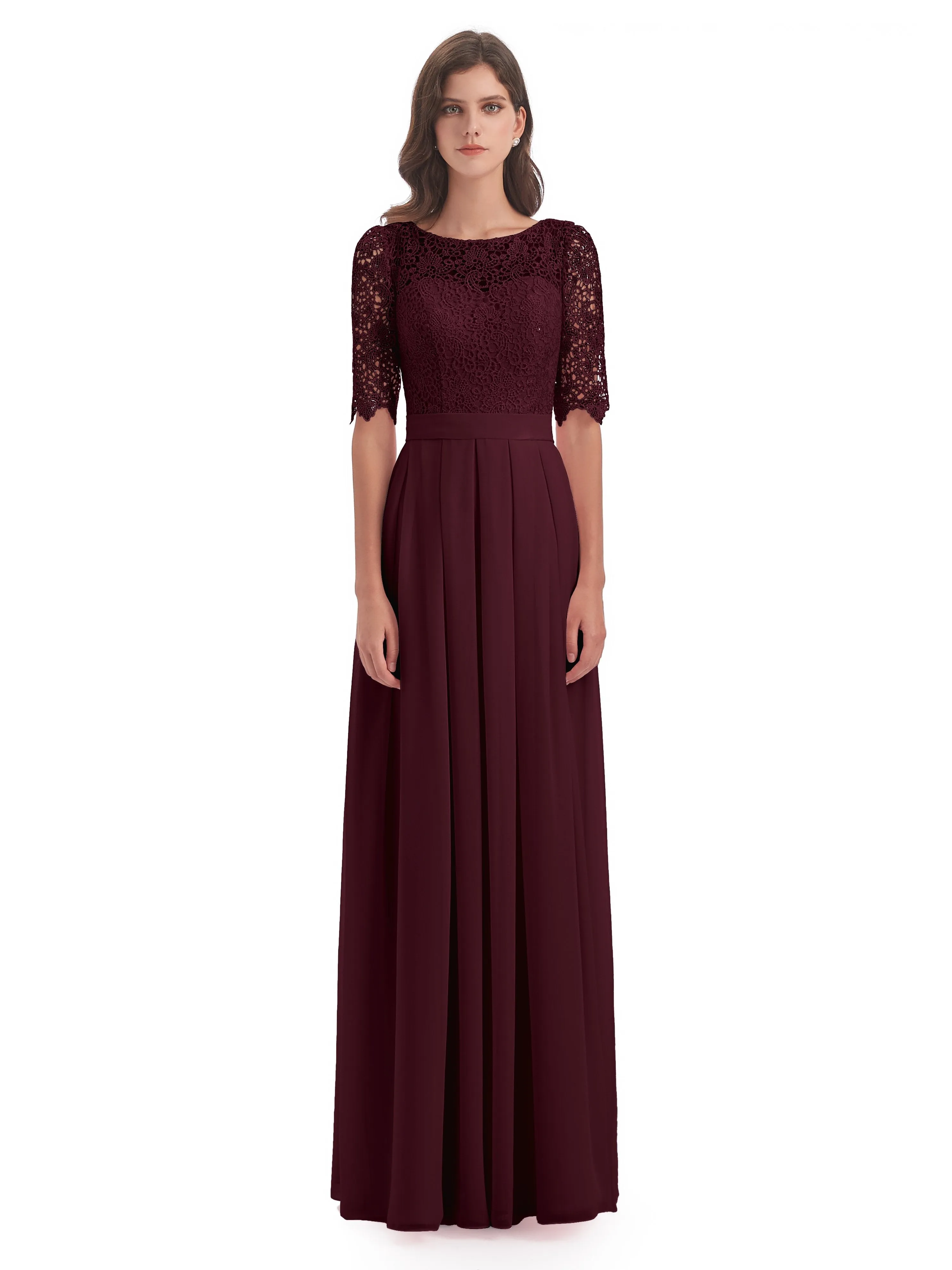 Brielle Impressive Lace Half Sleeves Chiffon Long Bridesmaid Dresses