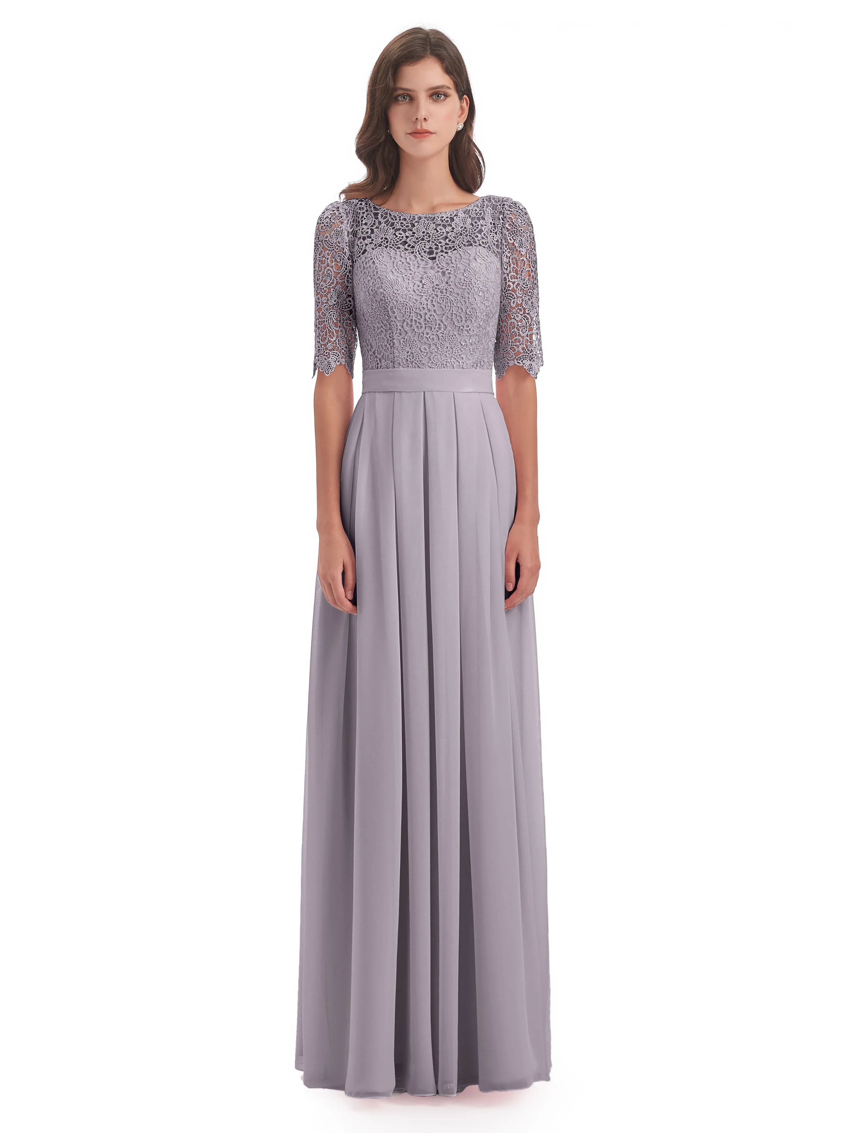 Brielle Impressive Lace Half Sleeves Chiffon Long Bridesmaid Dresses