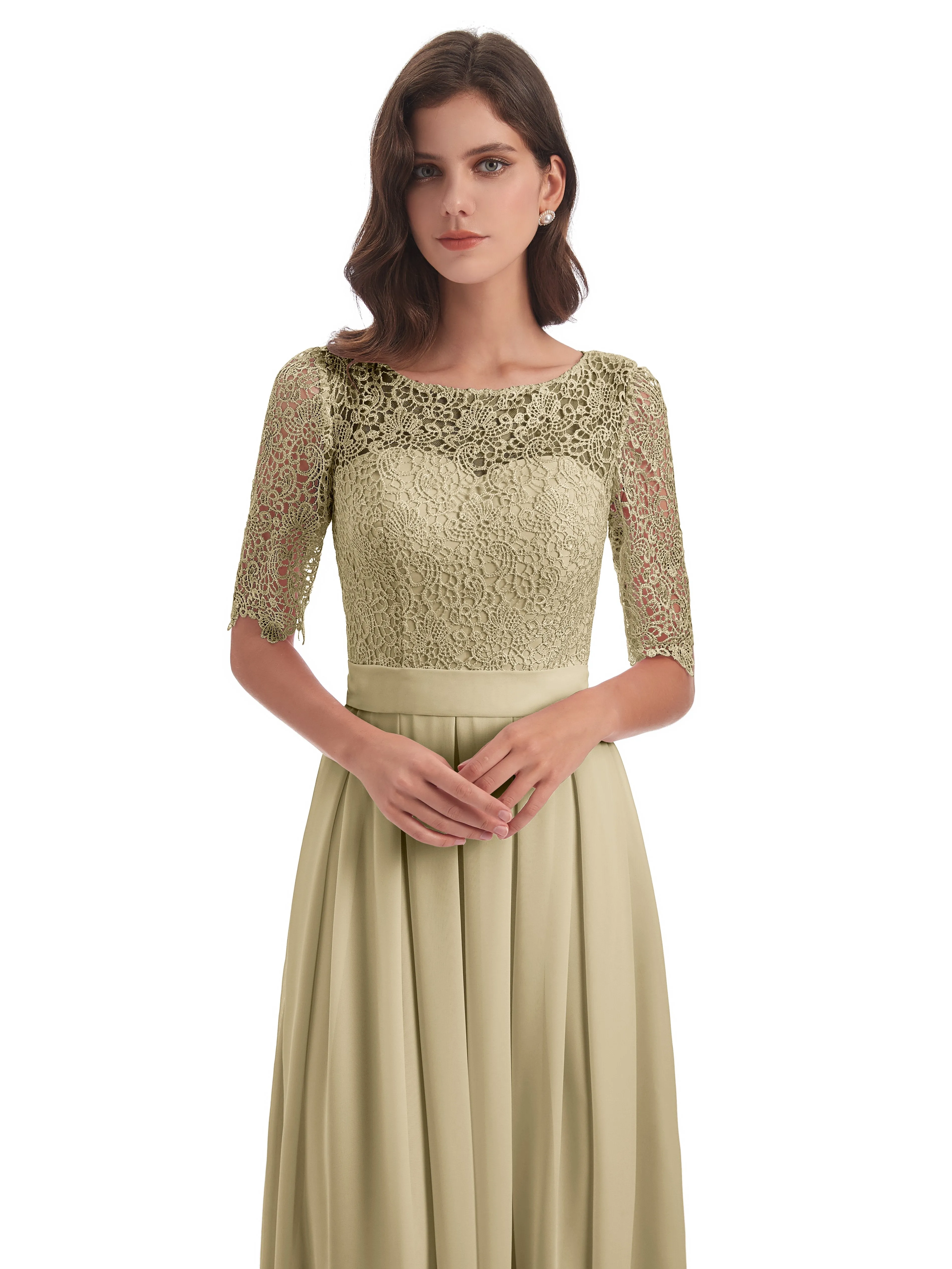 Brielle Impressive Lace Half Sleeves Chiffon Long Bridesmaid Dresses