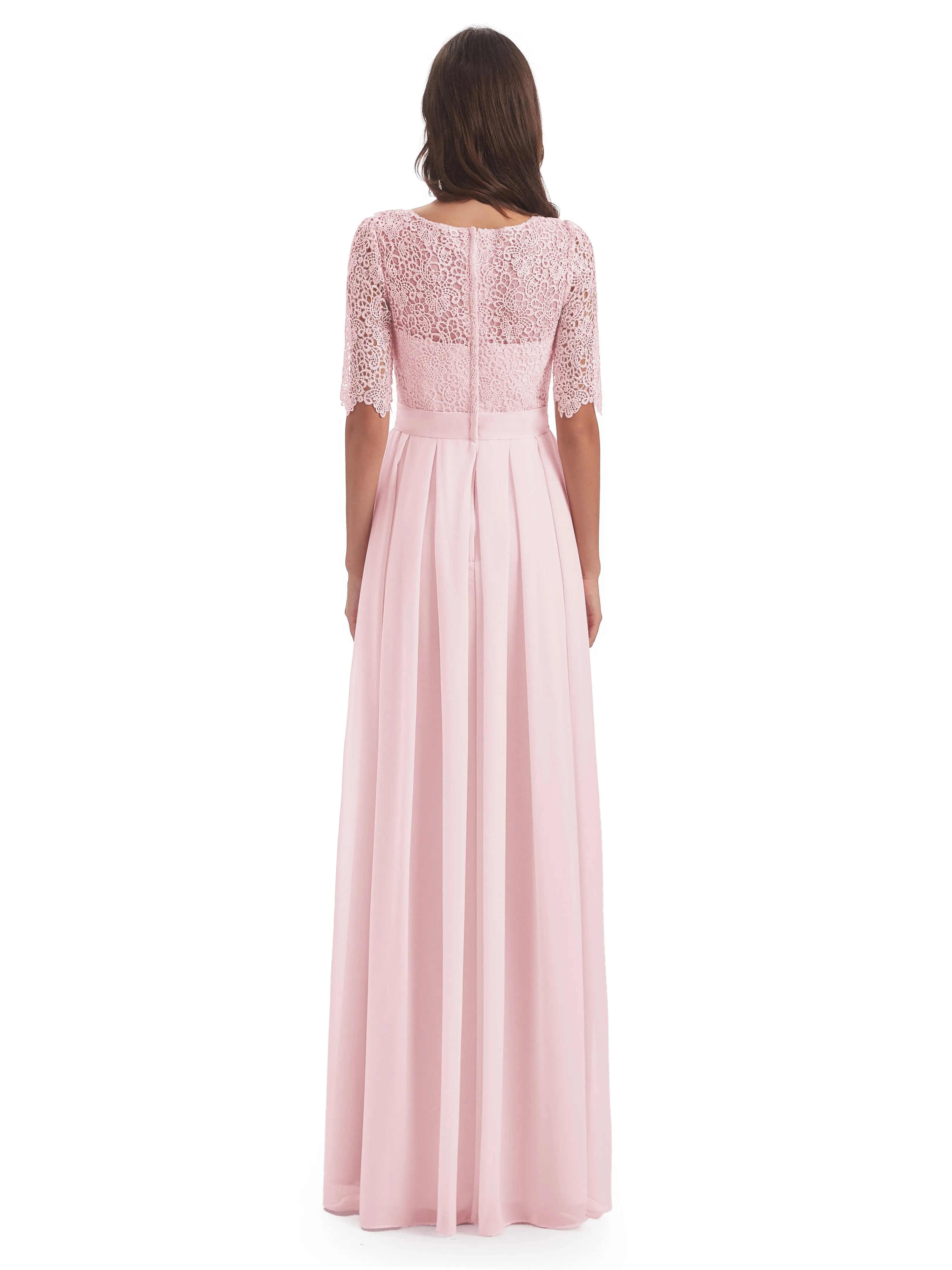 Brielle Impressive Lace Half Sleeves Chiffon Long Bridesmaid Dresses