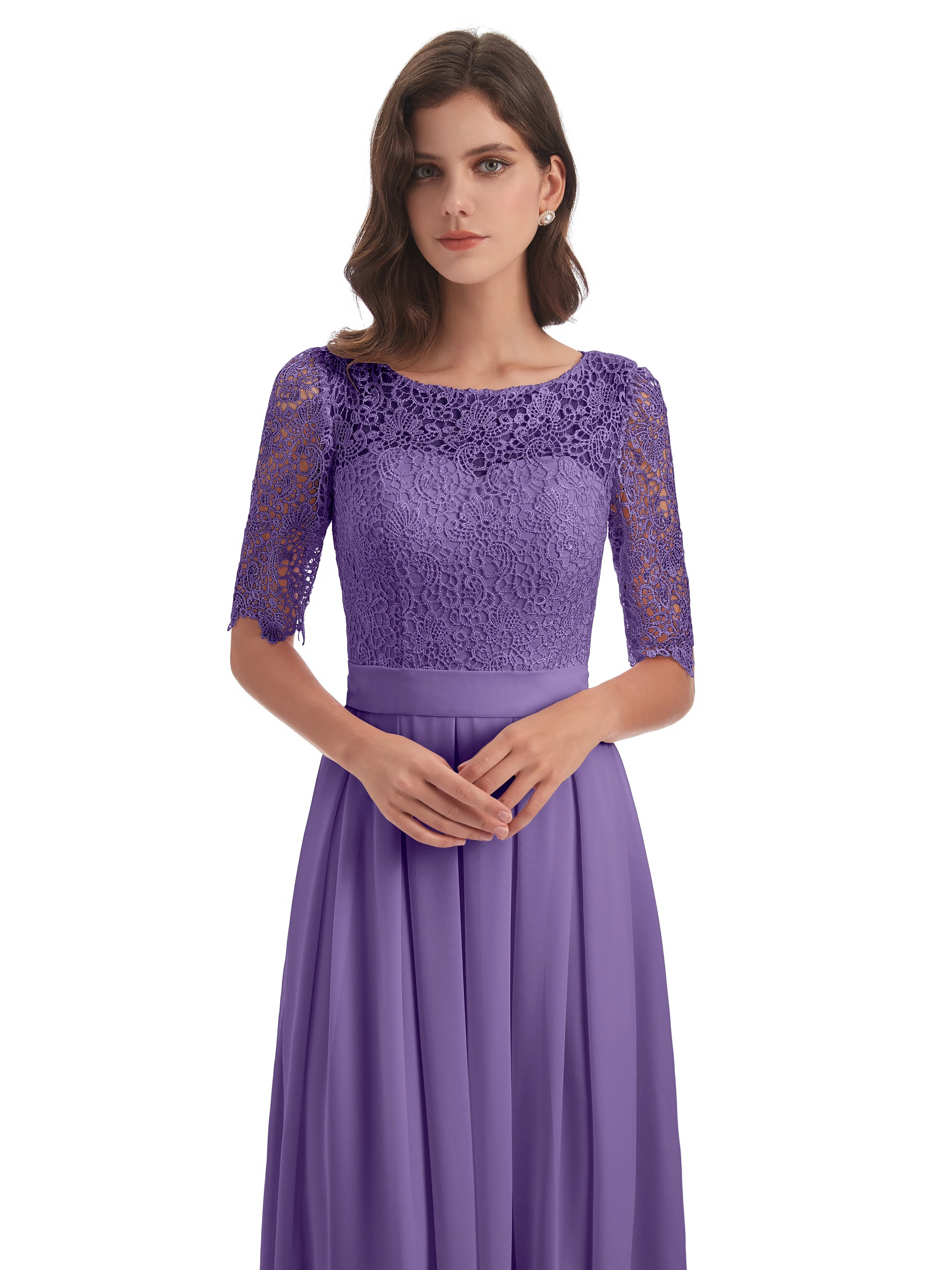 Brielle Impressive Lace Half Sleeves Chiffon Long Bridesmaid Dresses