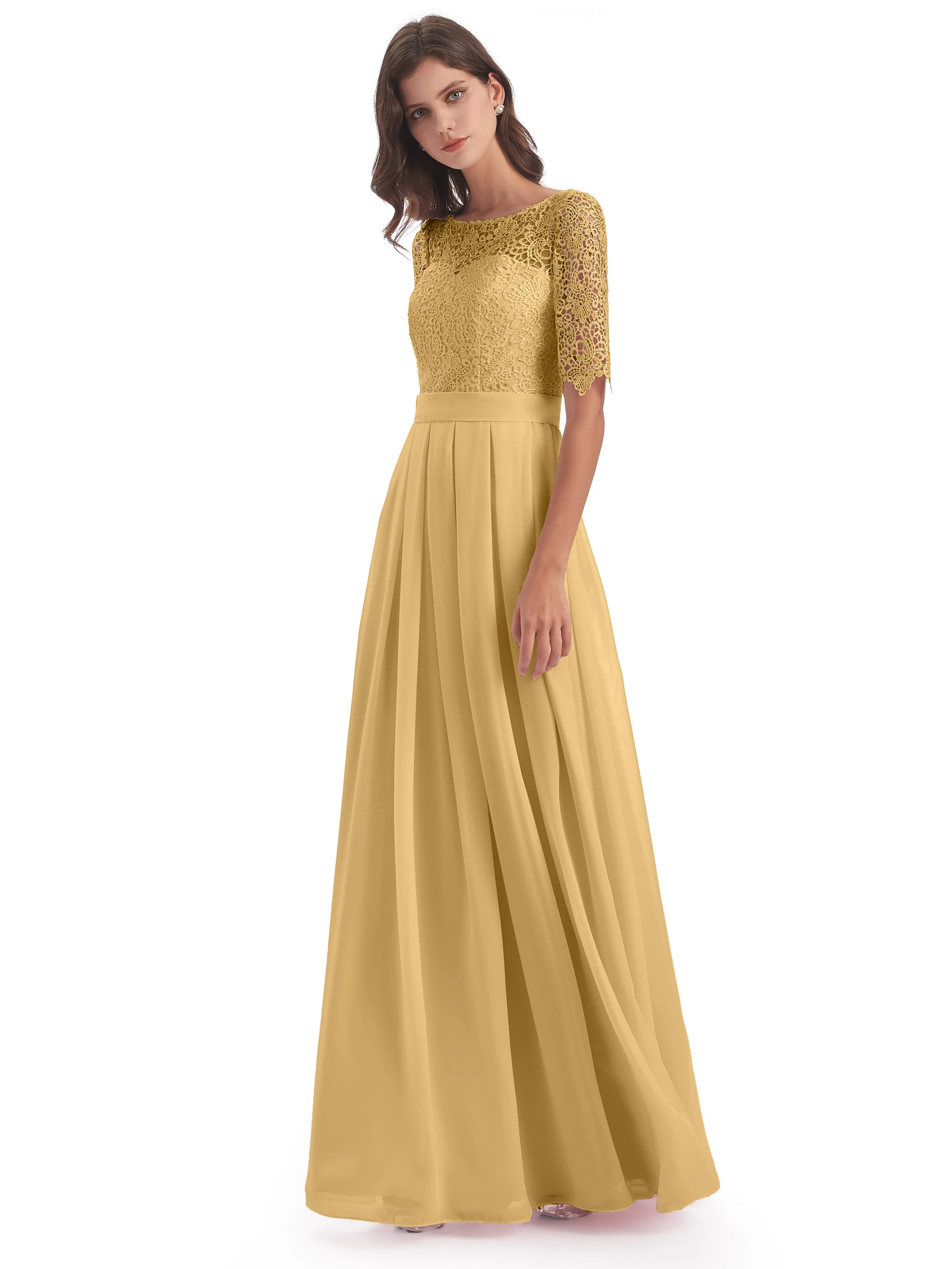 Brielle Impressive Lace Half Sleeves Chiffon Long Bridesmaid Dresses