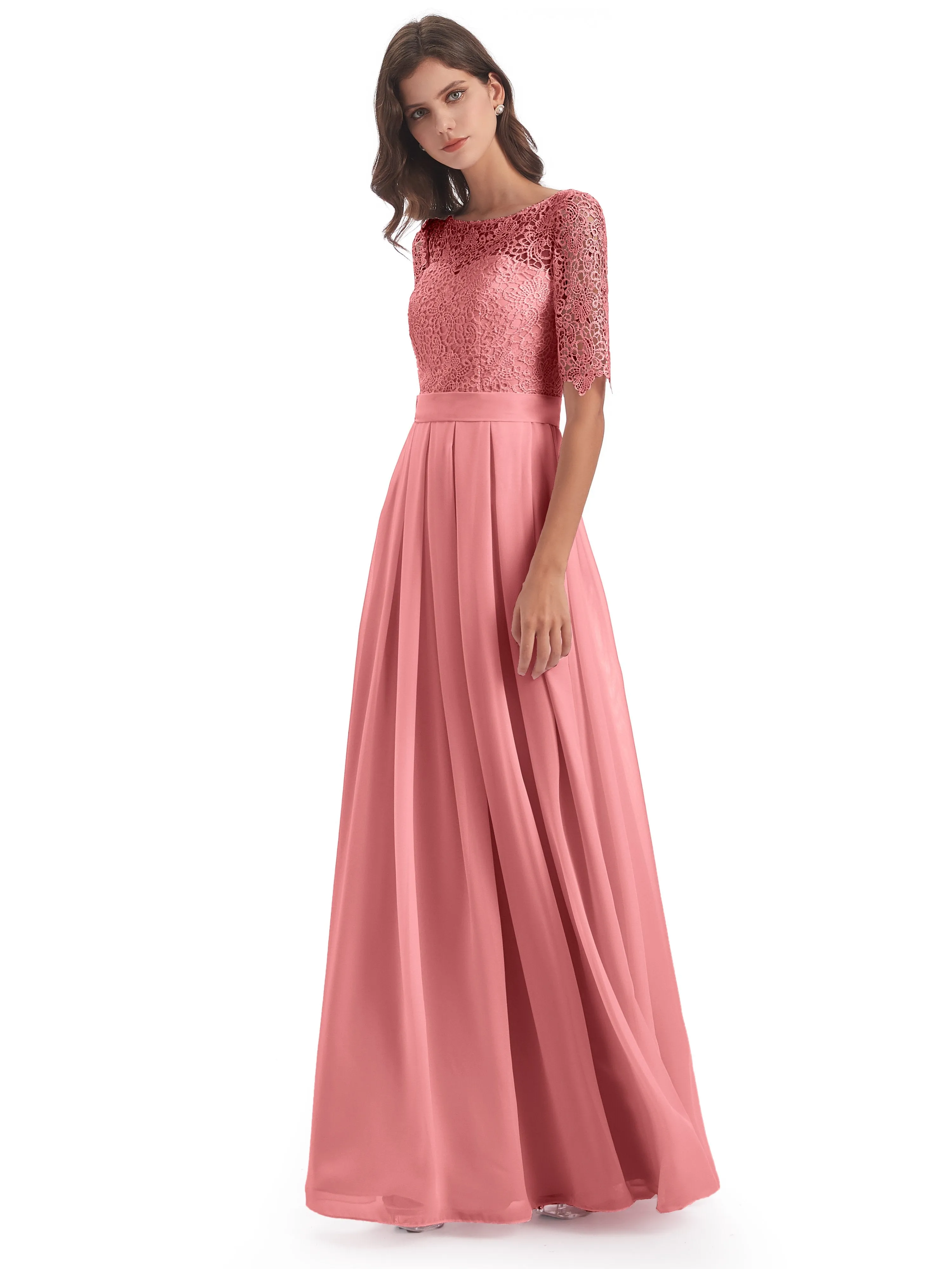 Brielle Impressive Lace Half Sleeves Chiffon Long Bridesmaid Dresses