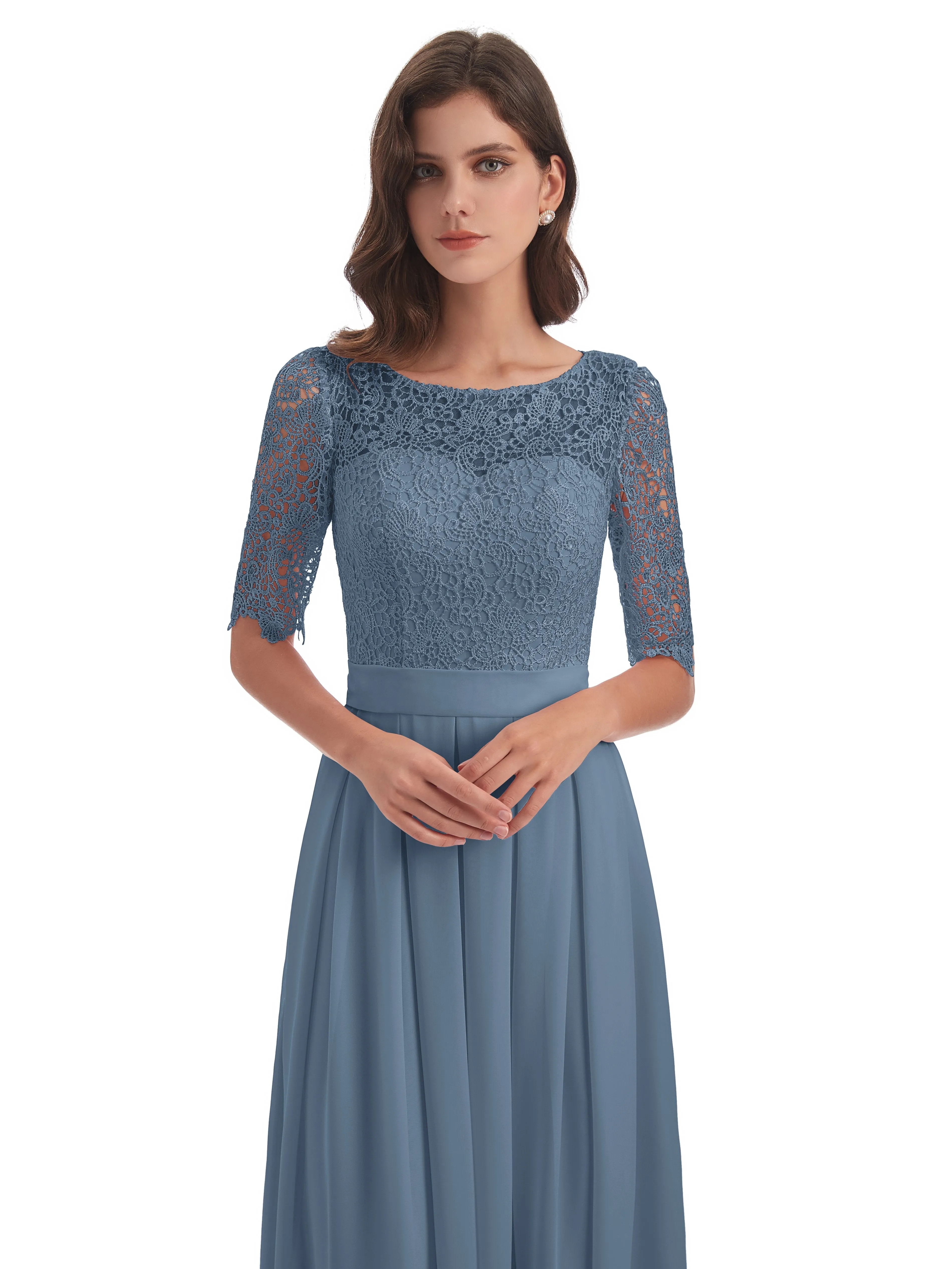 Brielle Impressive Lace Half Sleeves Chiffon Long Bridesmaid Dresses