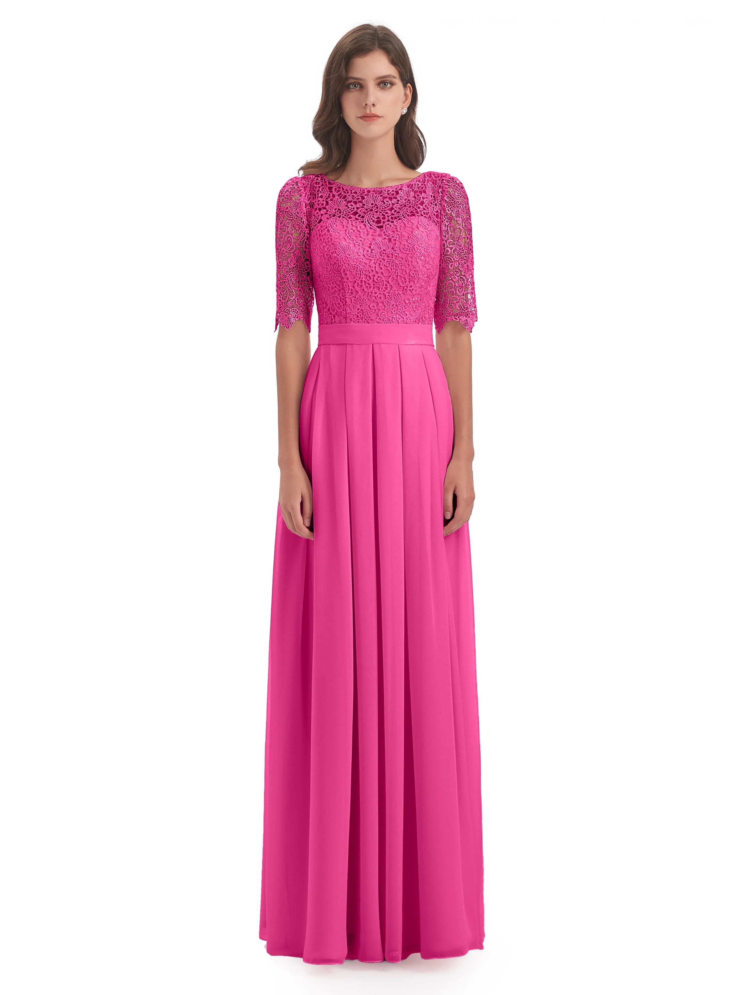 Brielle Impressive Lace Half Sleeves Chiffon Long Bridesmaid Dresses