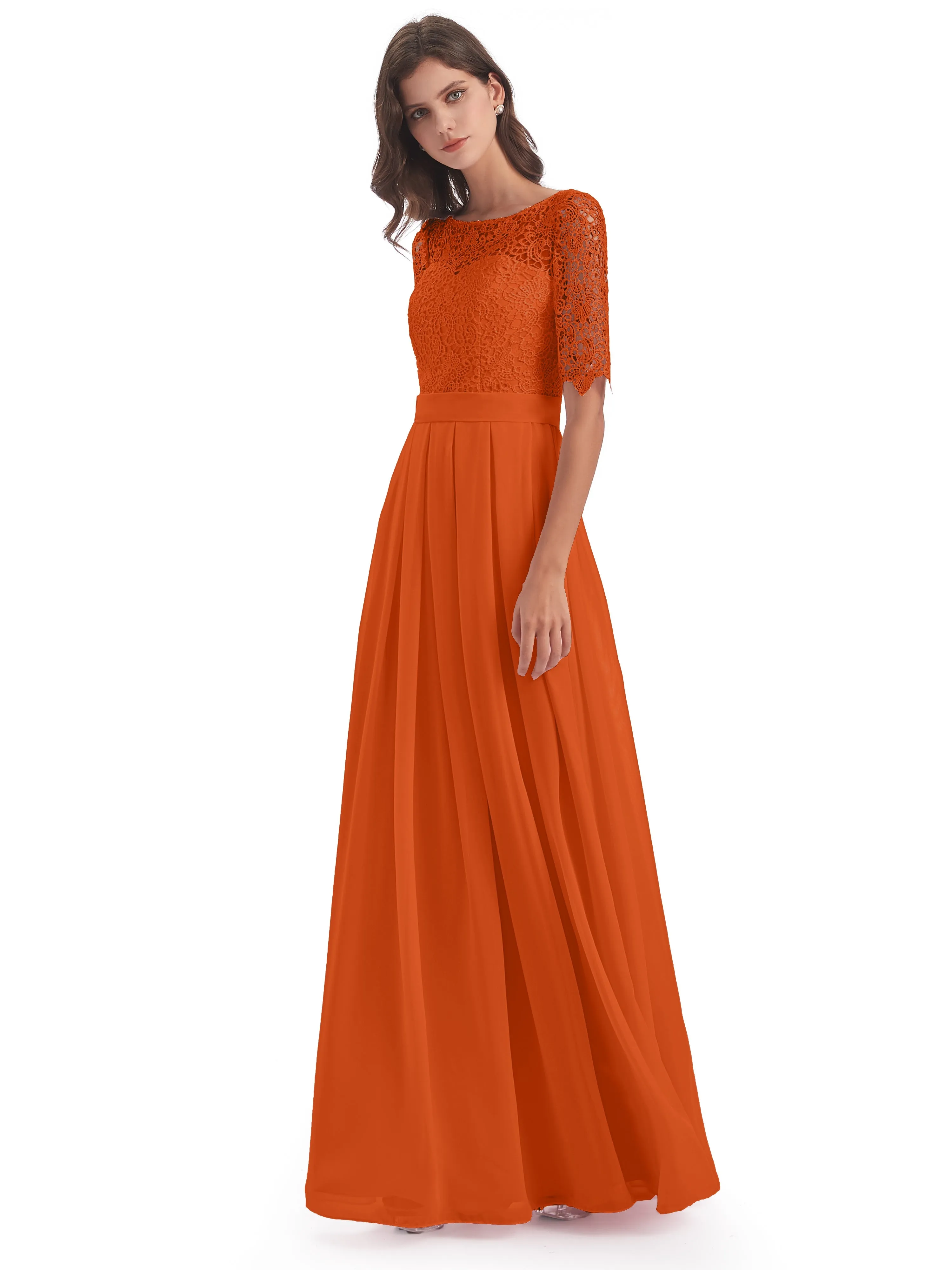 Brielle Impressive Lace Half Sleeves Chiffon Long Bridesmaid Dresses