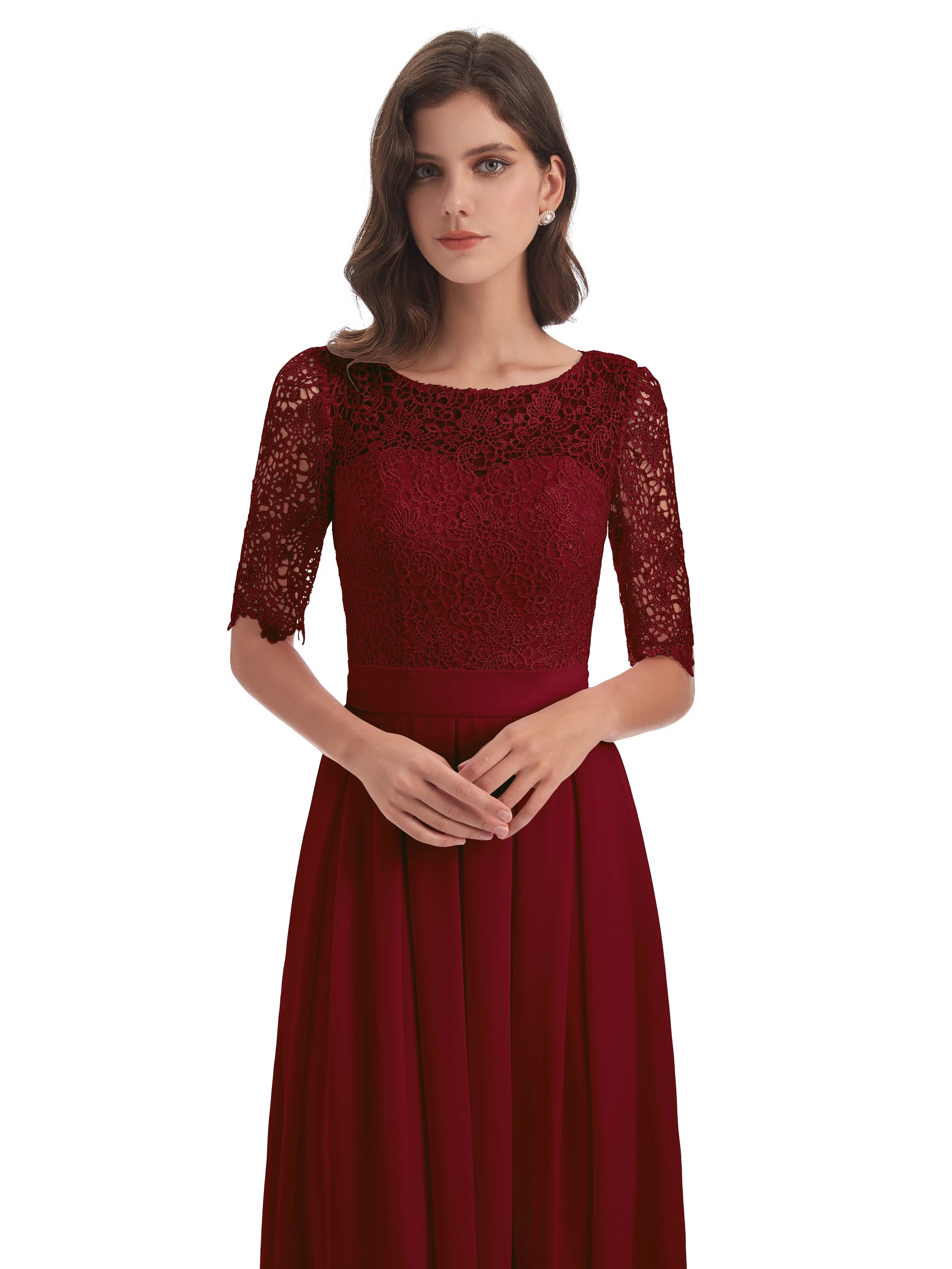 Brielle Impressive Lace Half Sleeves Chiffon Long Bridesmaid Dresses