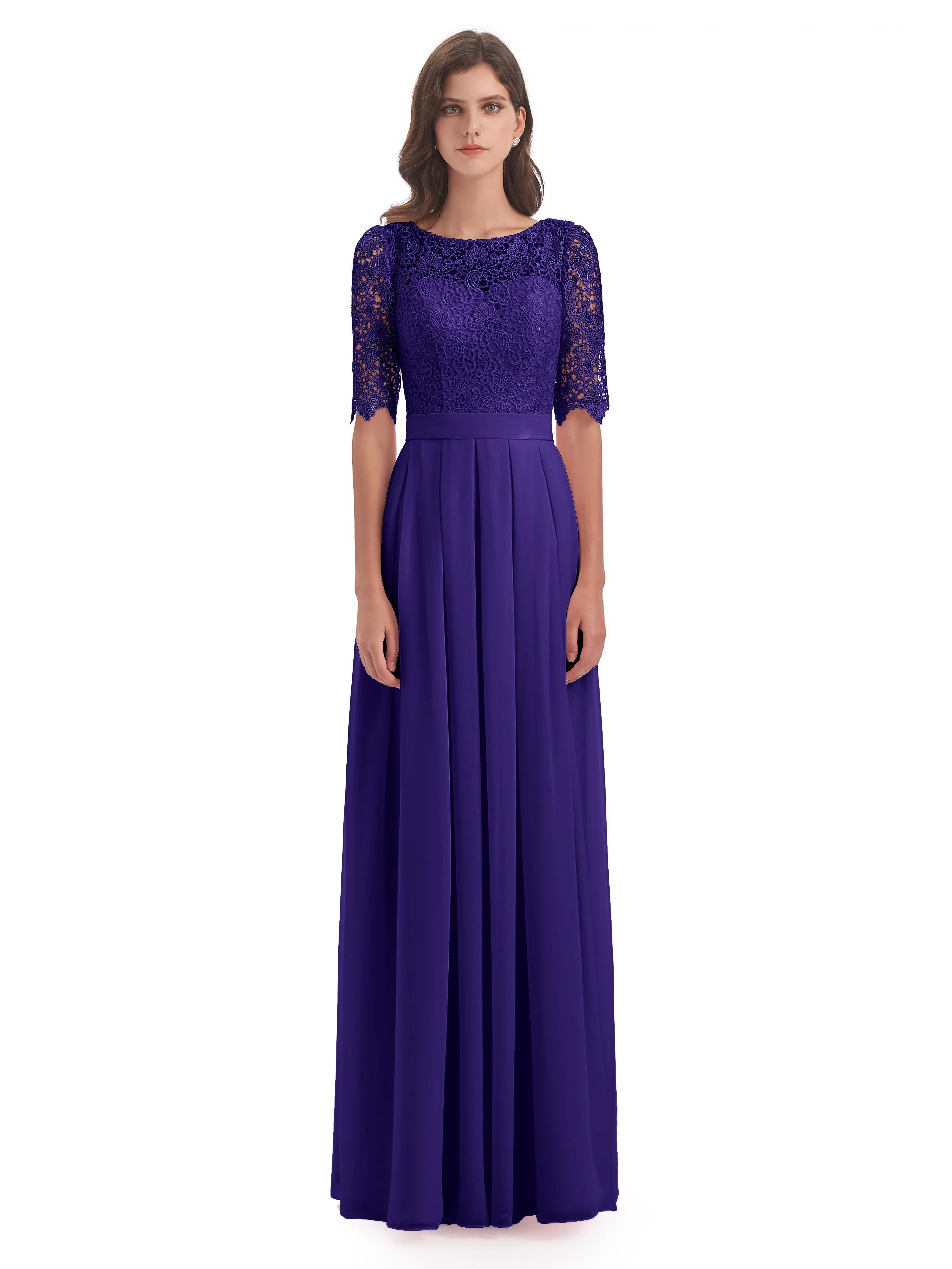 Brielle Impressive Lace Half Sleeves Chiffon Long Bridesmaid Dresses