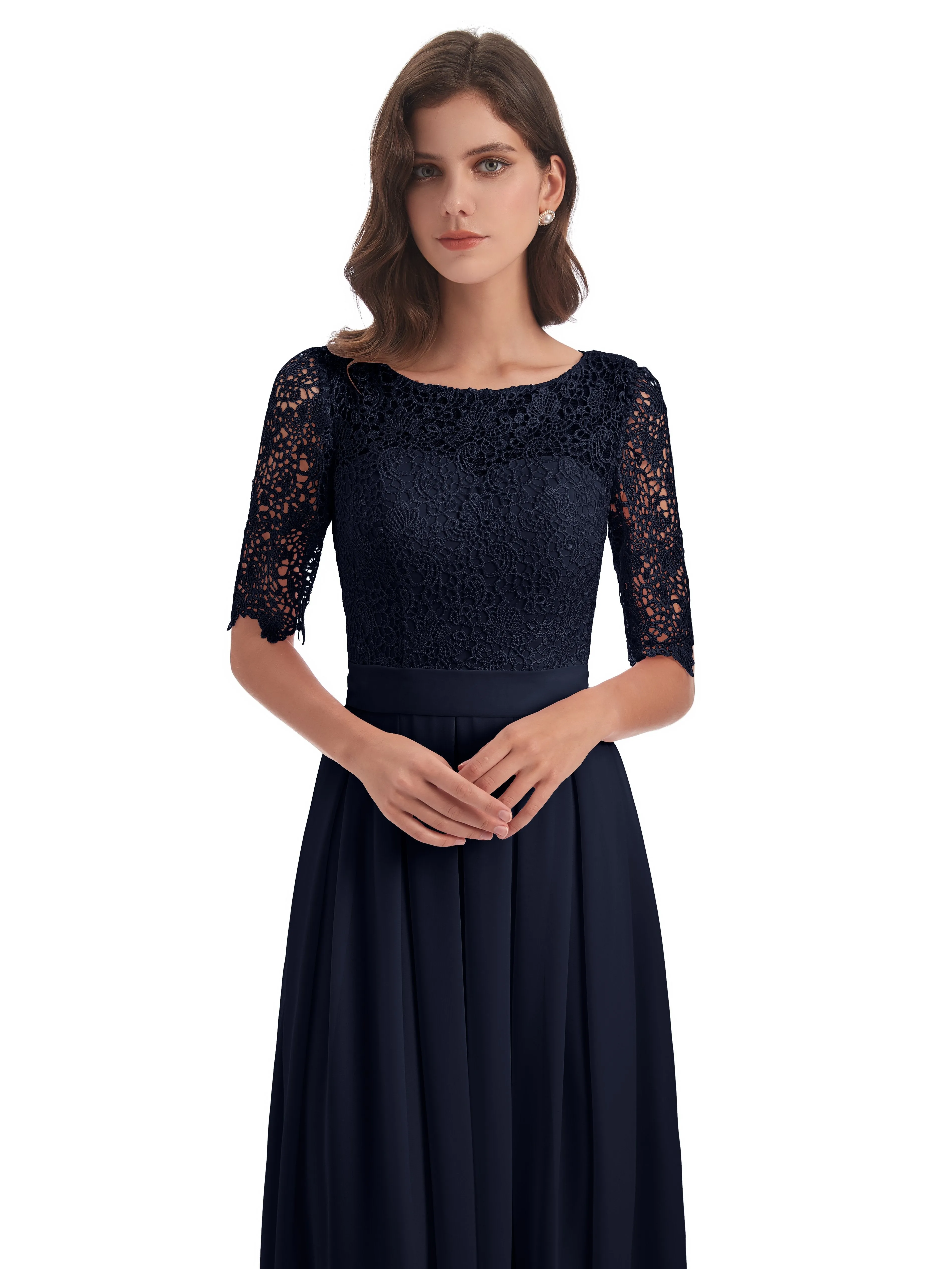 Brielle Impressive Lace Half Sleeves Chiffon Long Bridesmaid Dresses