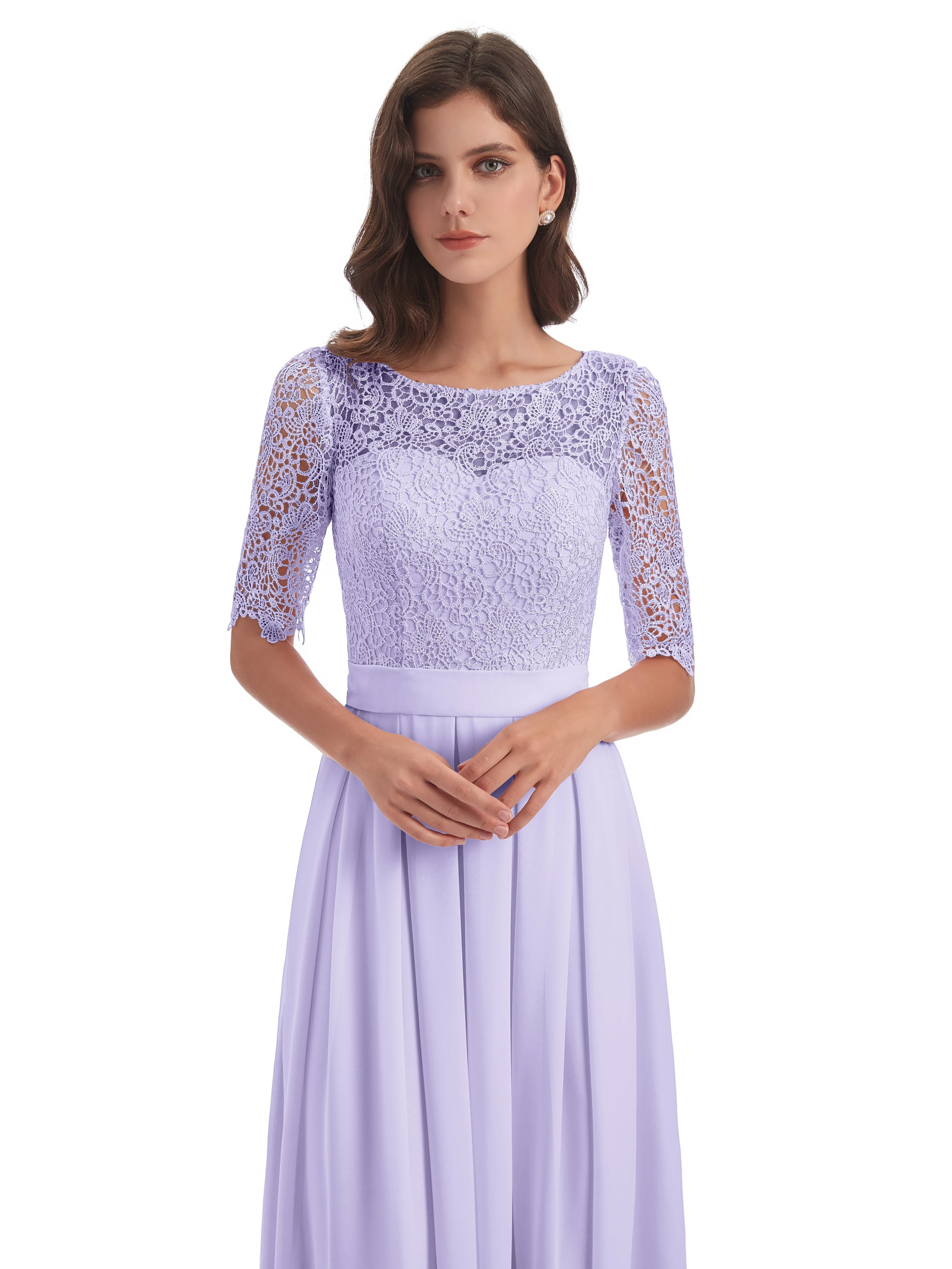 Brielle Impressive Lace Half Sleeves Chiffon Long Bridesmaid Dresses