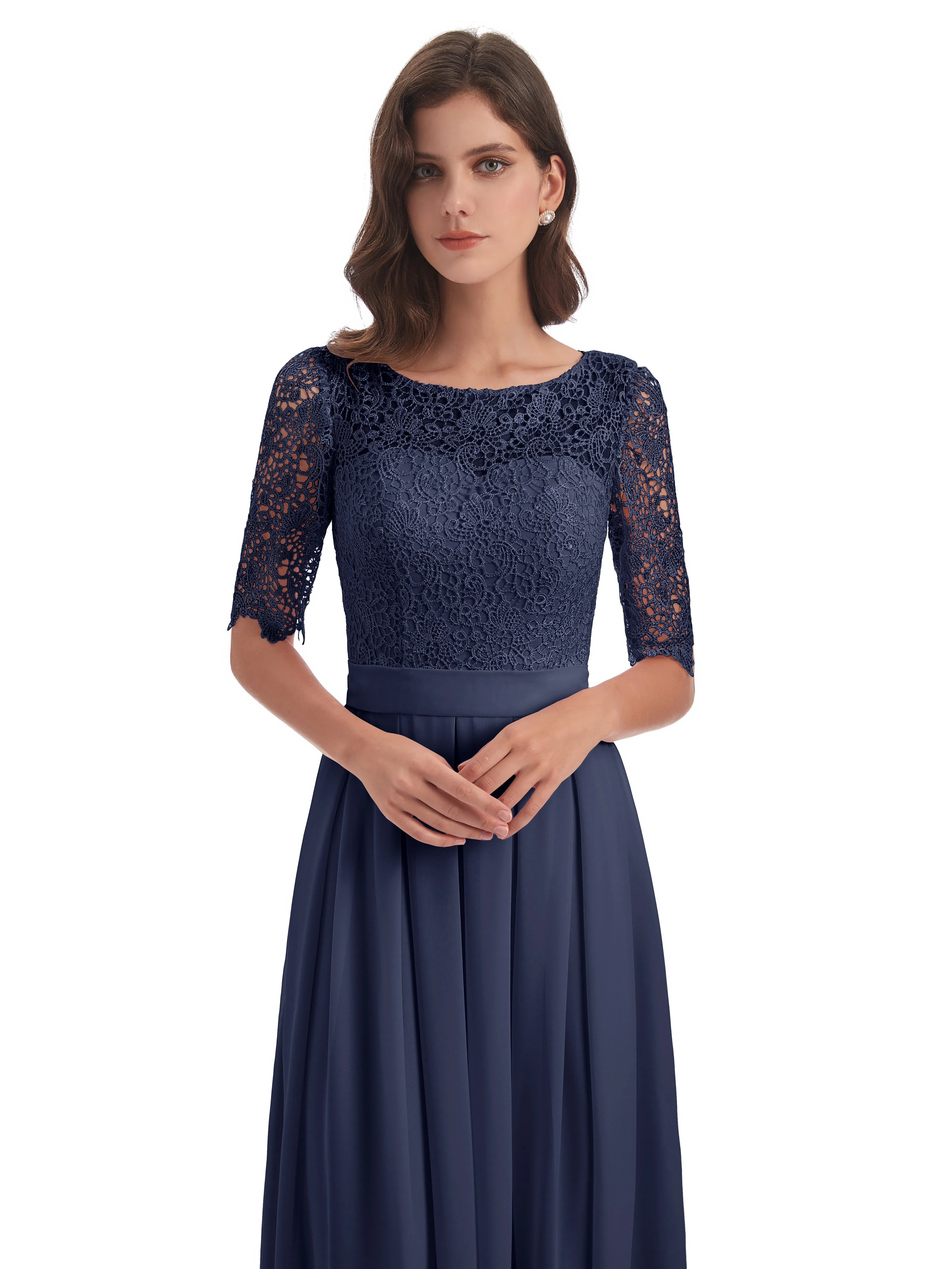 Brielle Impressive Lace Half Sleeves Chiffon Long Bridesmaid Dresses