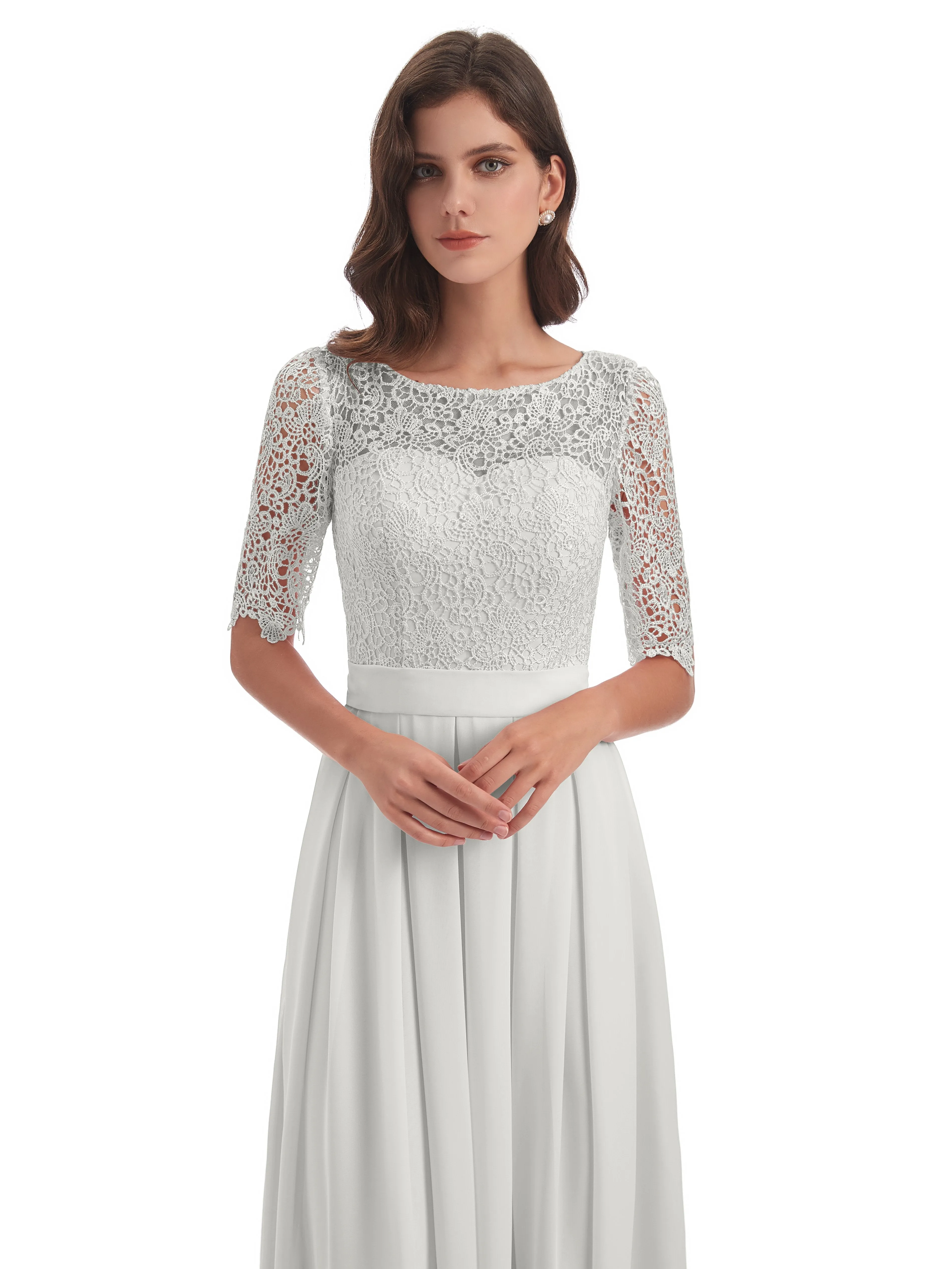 Brielle Impressive Lace Half Sleeves Chiffon Long Bridesmaid Dresses