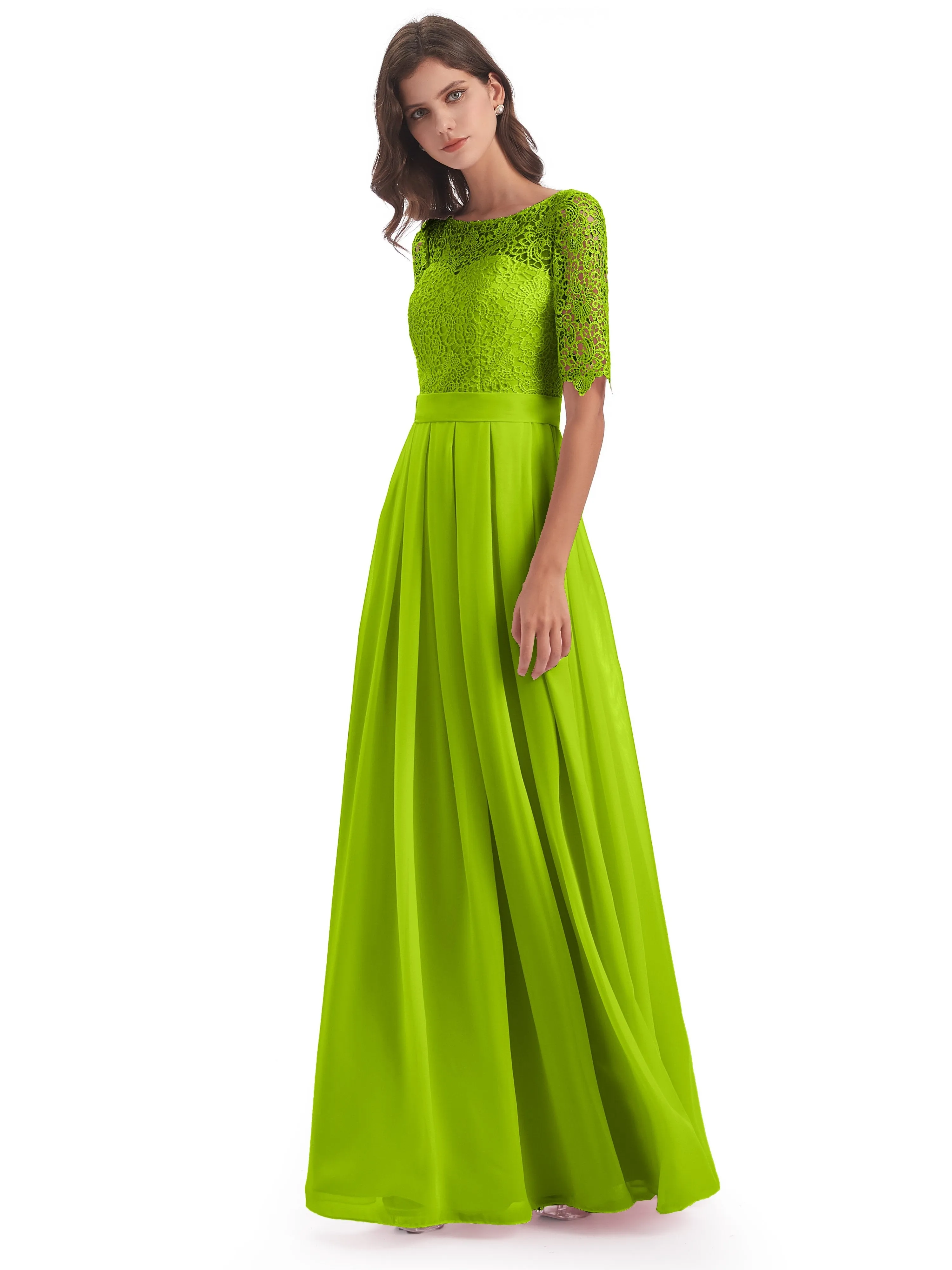 Brielle Impressive Lace Half Sleeves Chiffon Long Bridesmaid Dresses