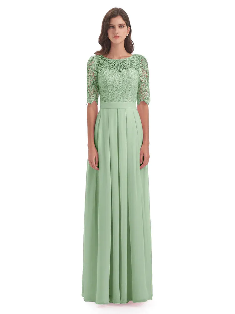 Brielle Impressive Lace Half Sleeves Chiffon Long Bridesmaid Dresses