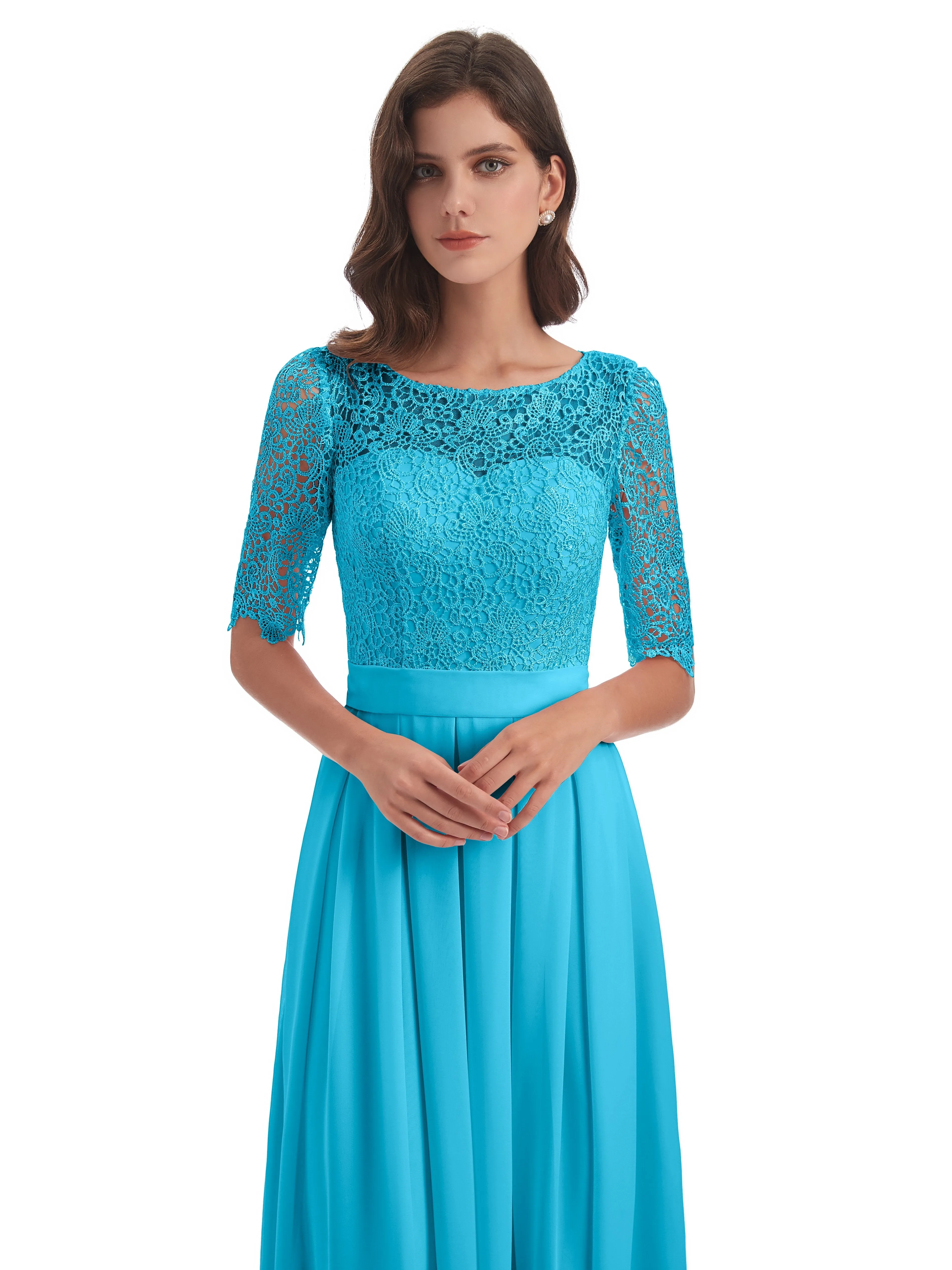 Brielle Impressive Lace Half Sleeves Chiffon Long Bridesmaid Dresses