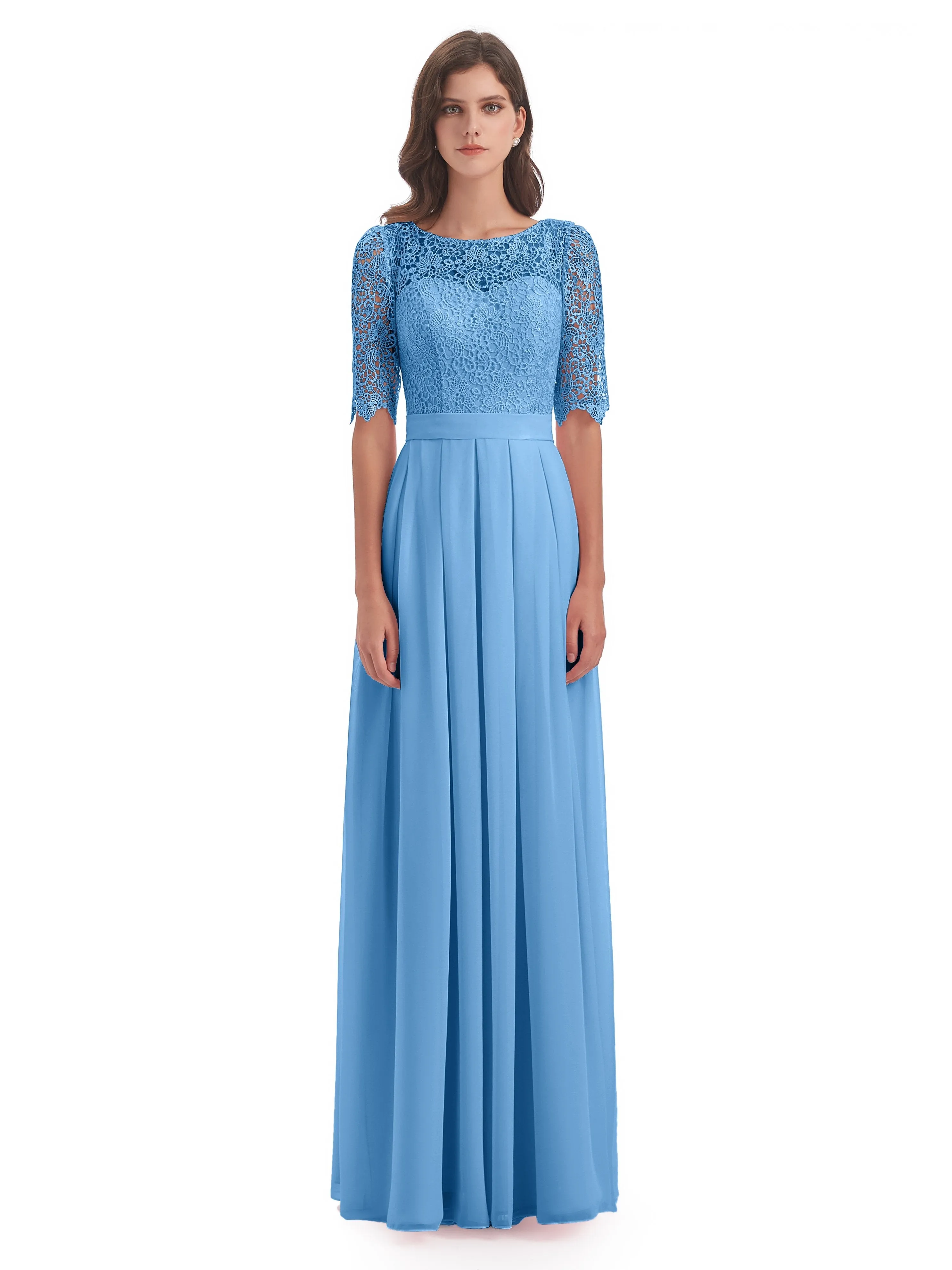 Brielle Impressive Lace Half Sleeves Chiffon Long Bridesmaid Dresses