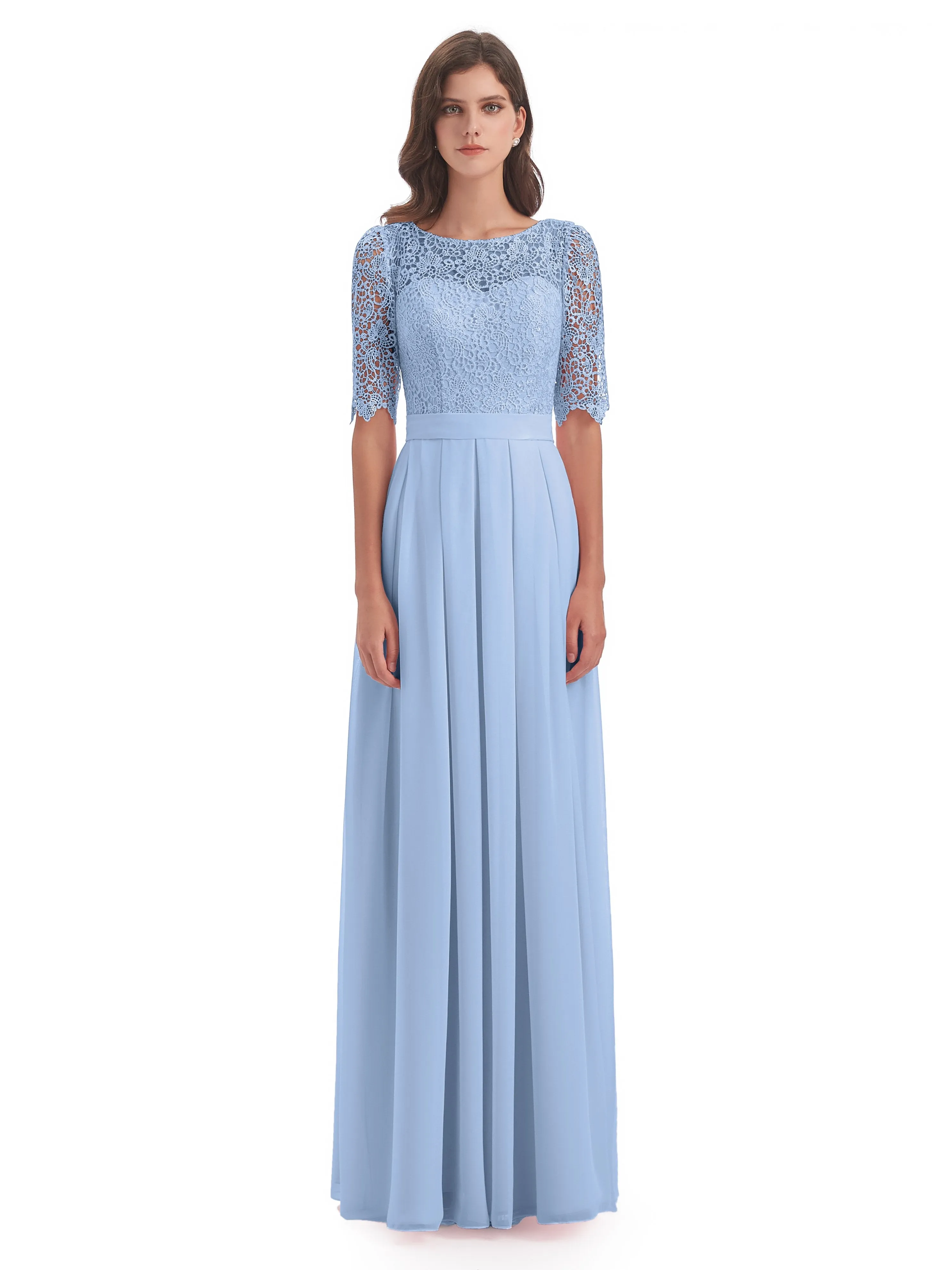 Brielle Impressive Lace Half Sleeves Chiffon Long Bridesmaid Dresses