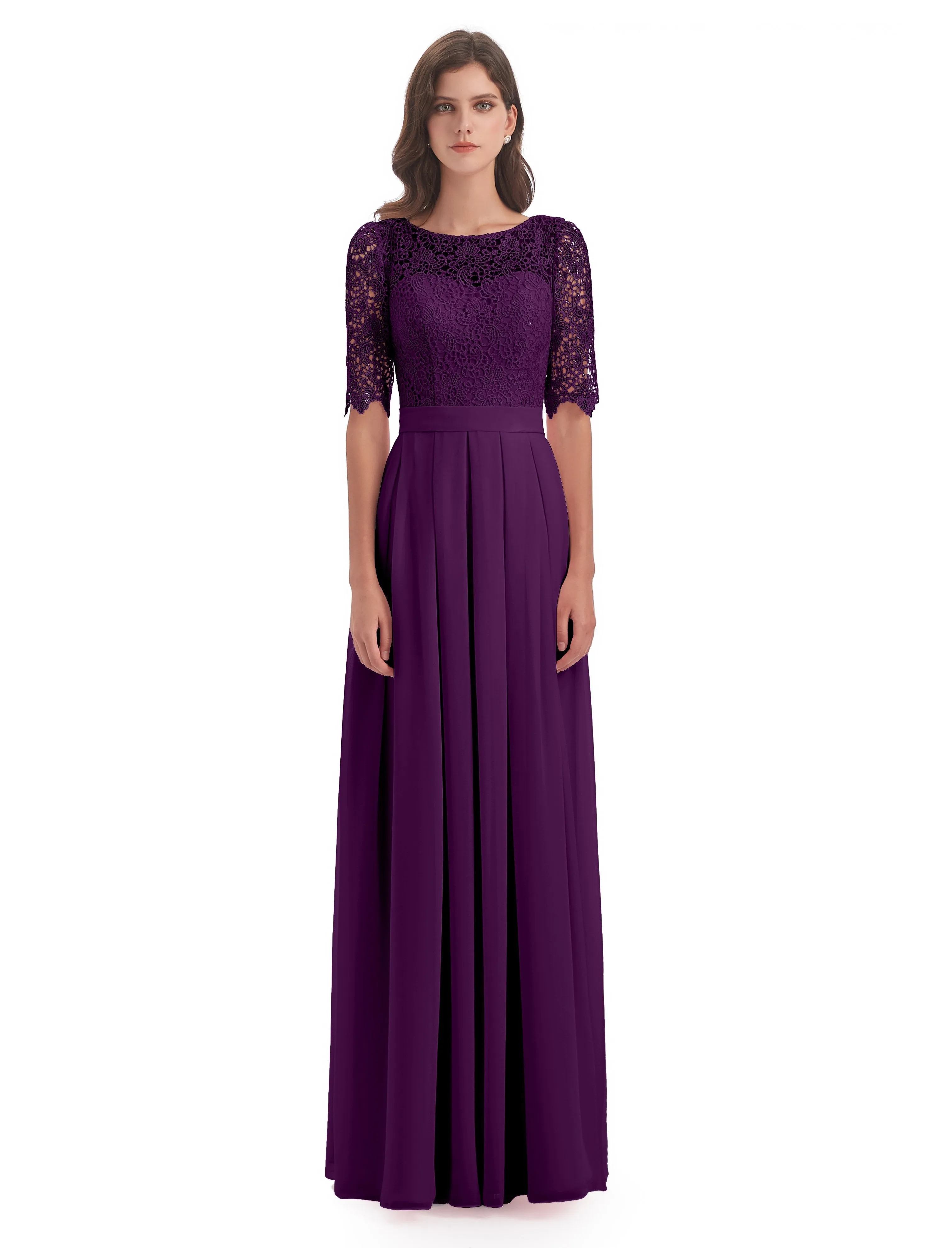 Brielle Impressive Lace Half Sleeves Chiffon Long Bridesmaid Dresses