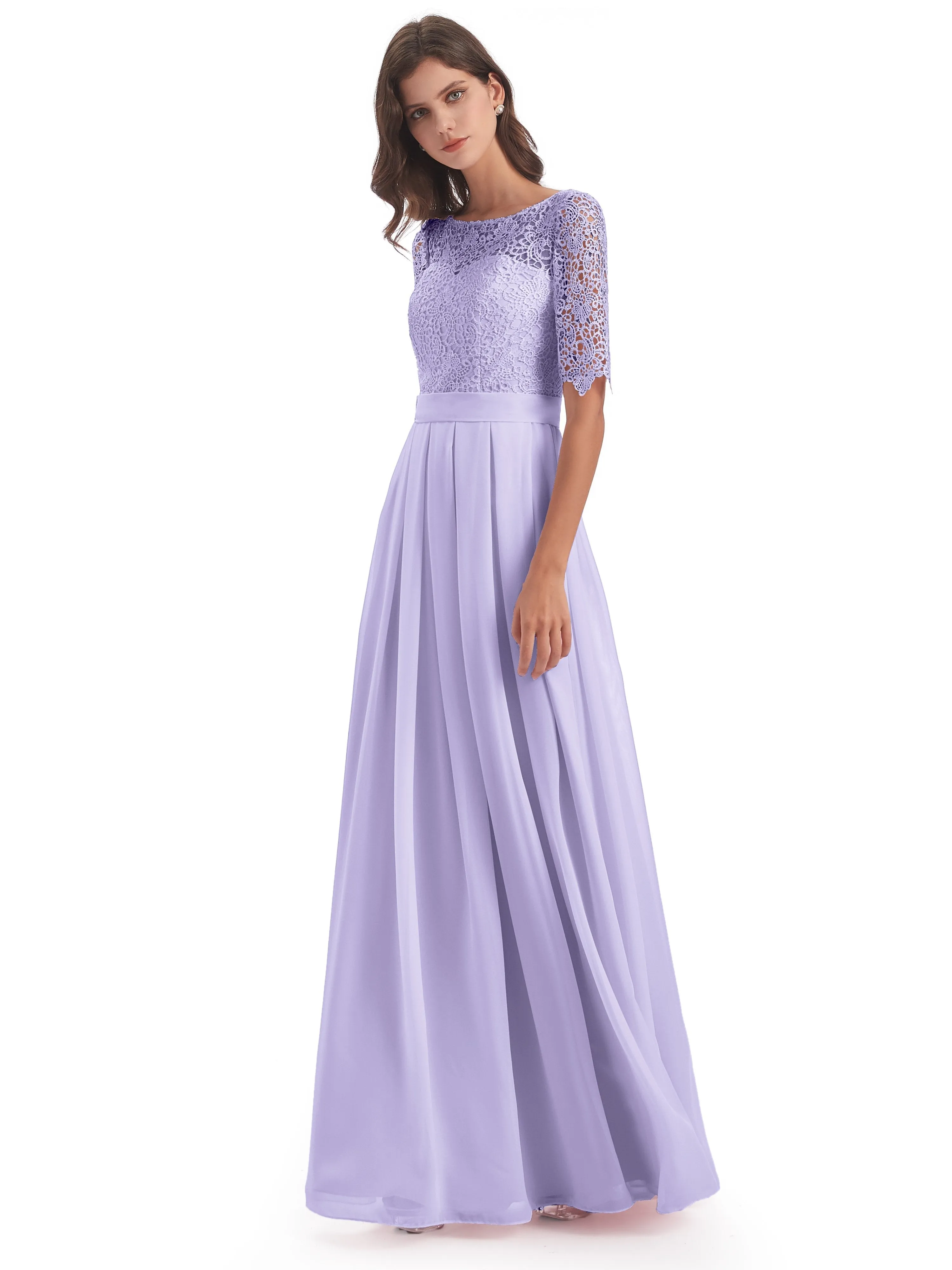 Brielle Impressive Lace Half Sleeves Chiffon Long Bridesmaid Dresses