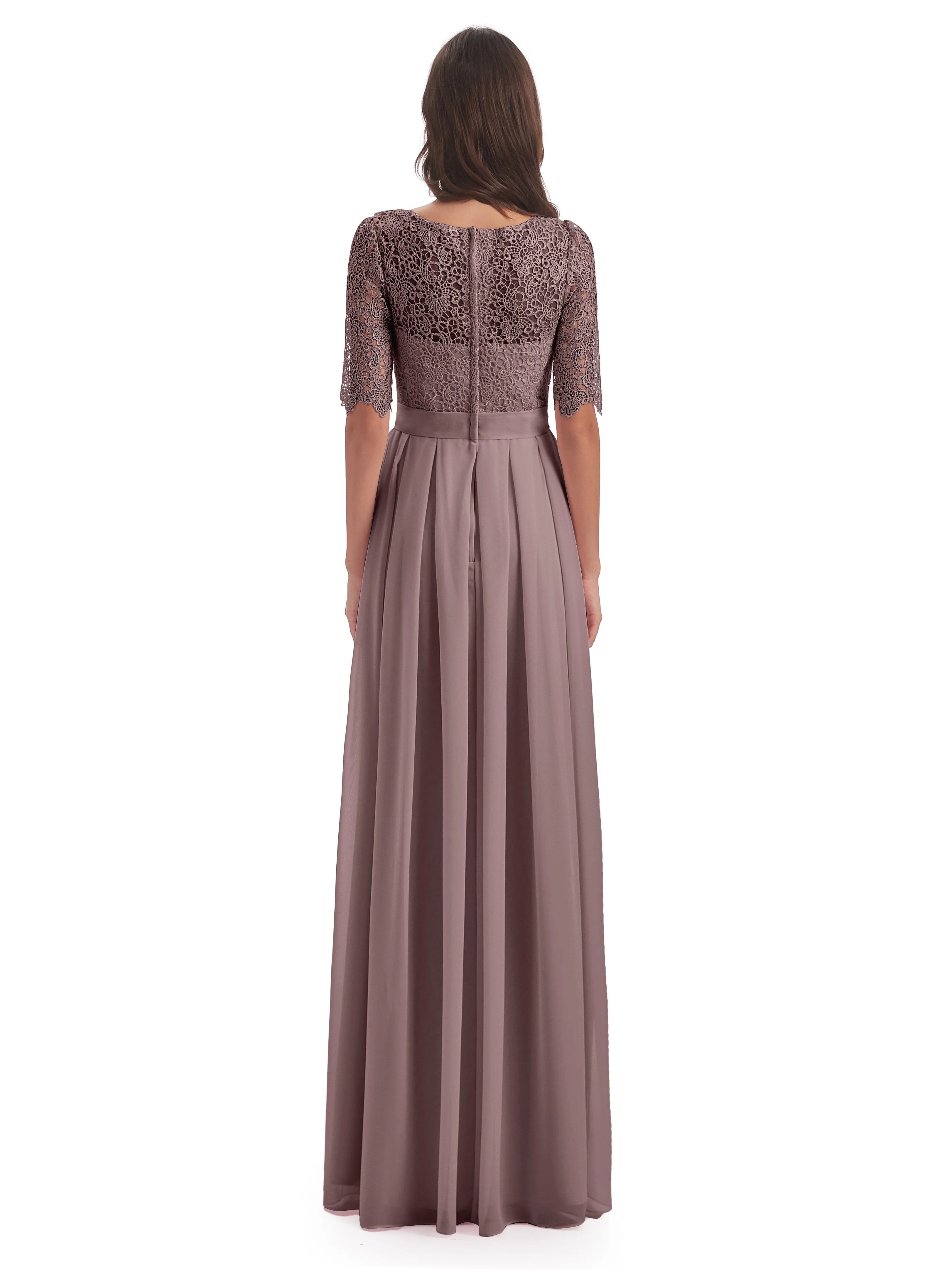 Brielle Impressive Lace Half Sleeves Chiffon Long Bridesmaid Dresses