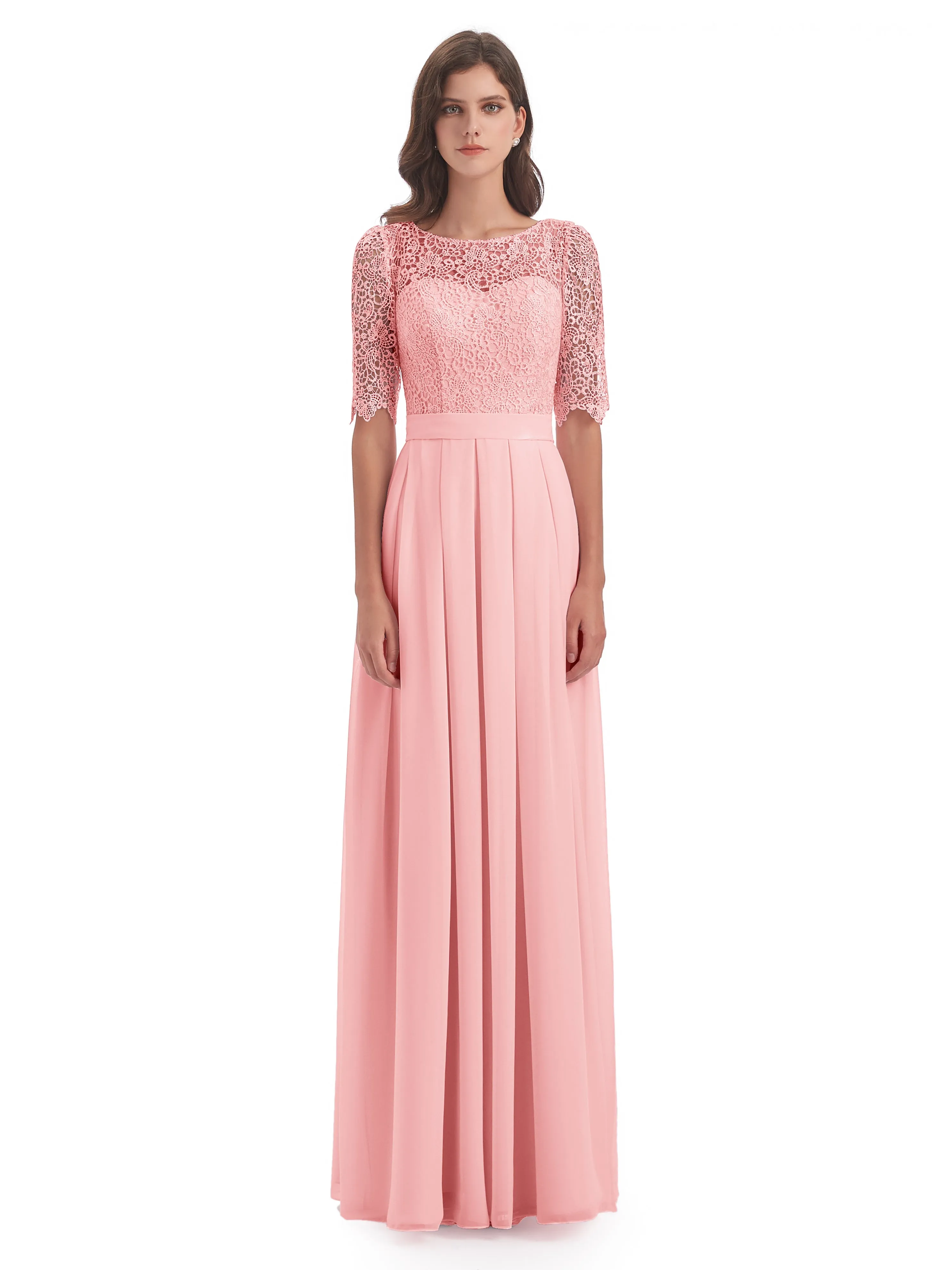 Brielle Impressive Lace Half Sleeves Chiffon Long Bridesmaid Dresses