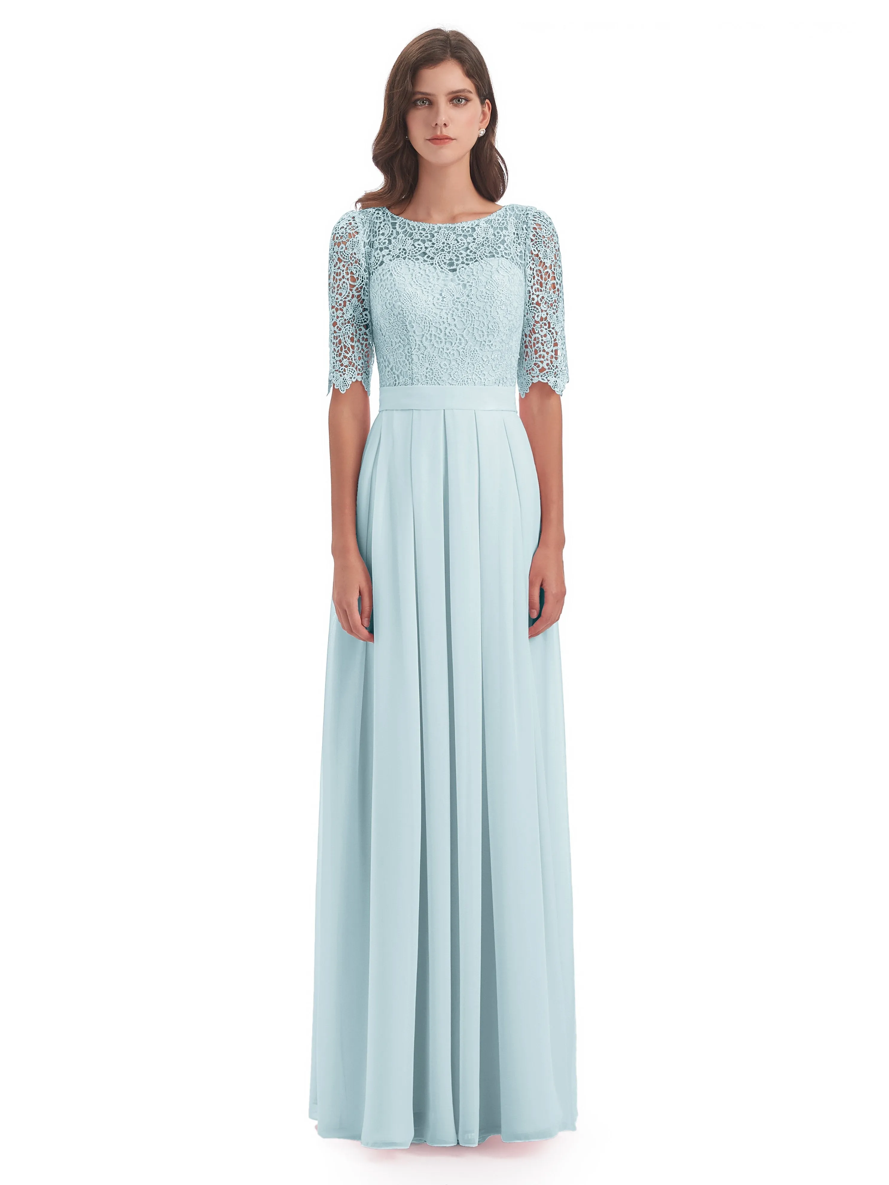 Brielle Impressive Lace Half Sleeves Chiffon Long Bridesmaid Dresses