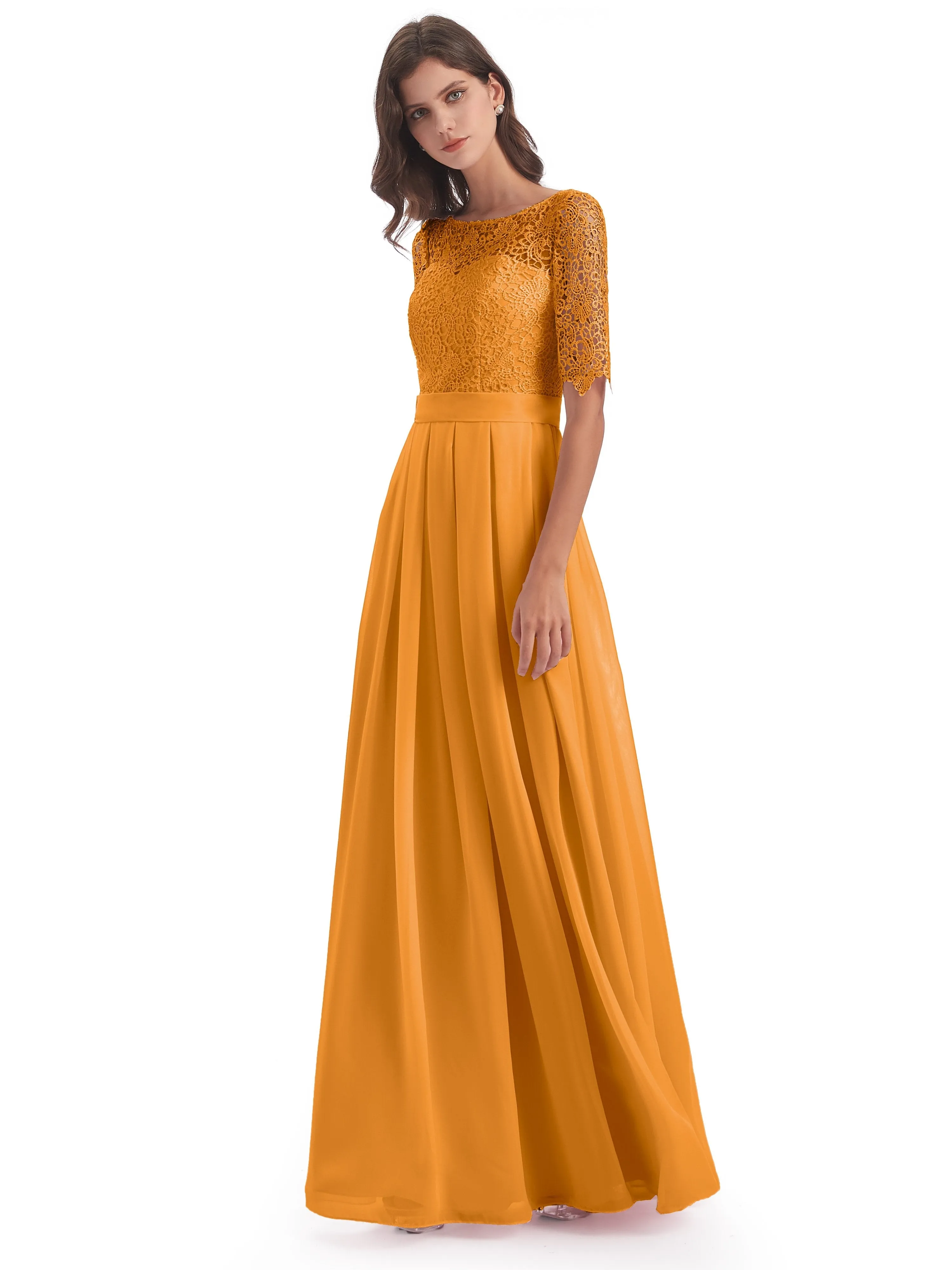 Brielle Impressive Lace Half Sleeves Chiffon Long Bridesmaid Dresses