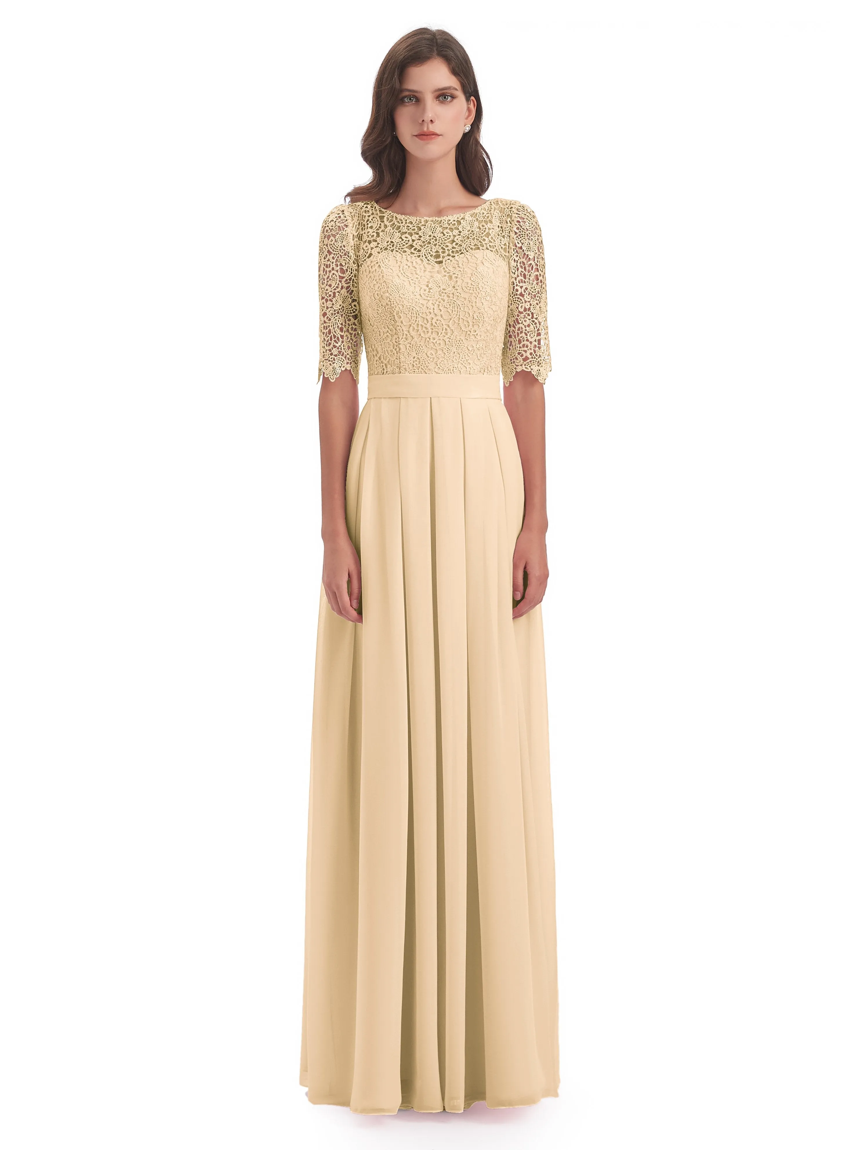 Brielle Impressive Lace Half Sleeves Chiffon Long Bridesmaid Dresses