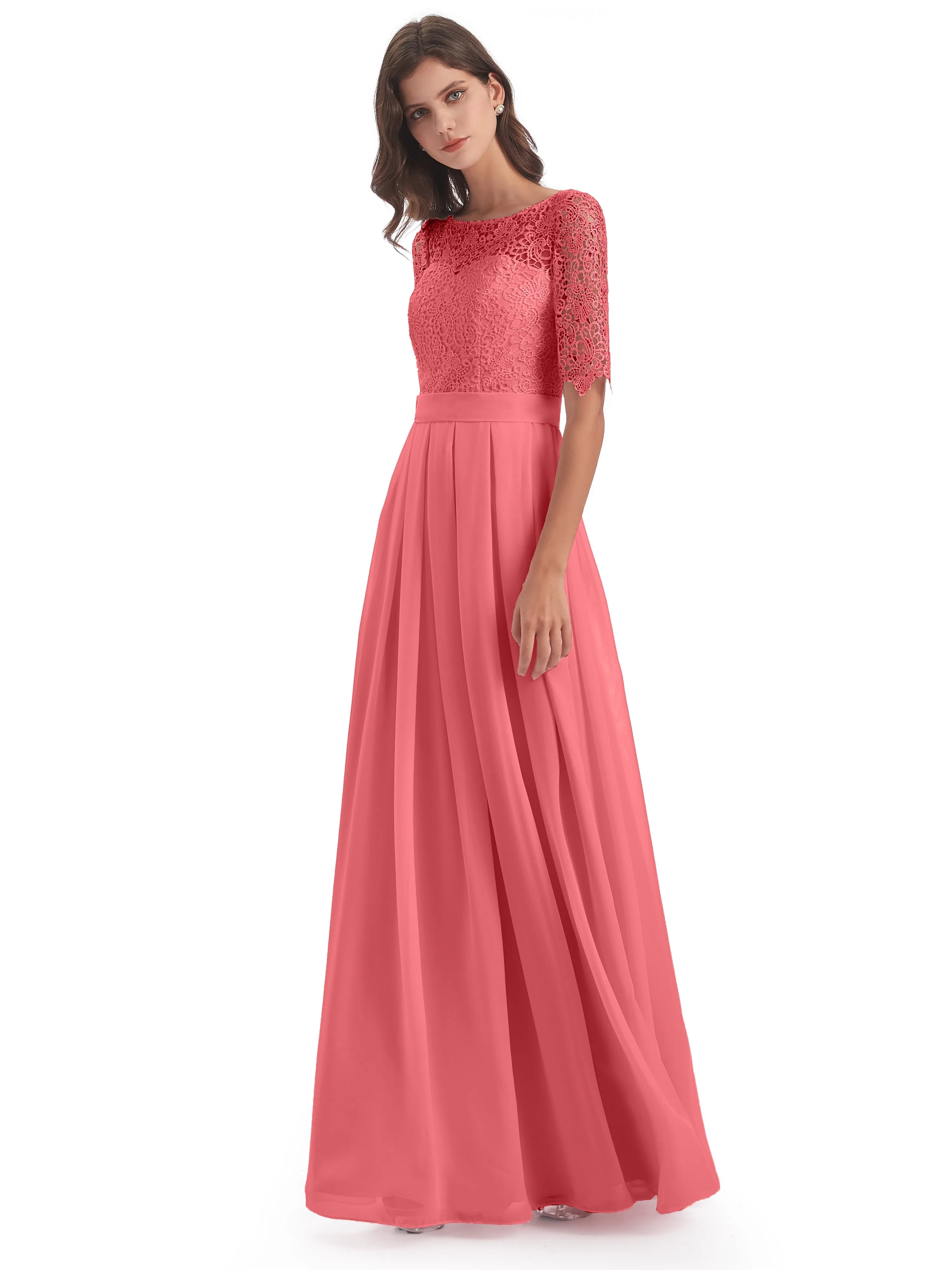 Brielle Impressive Lace Half Sleeves Chiffon Long Bridesmaid Dresses