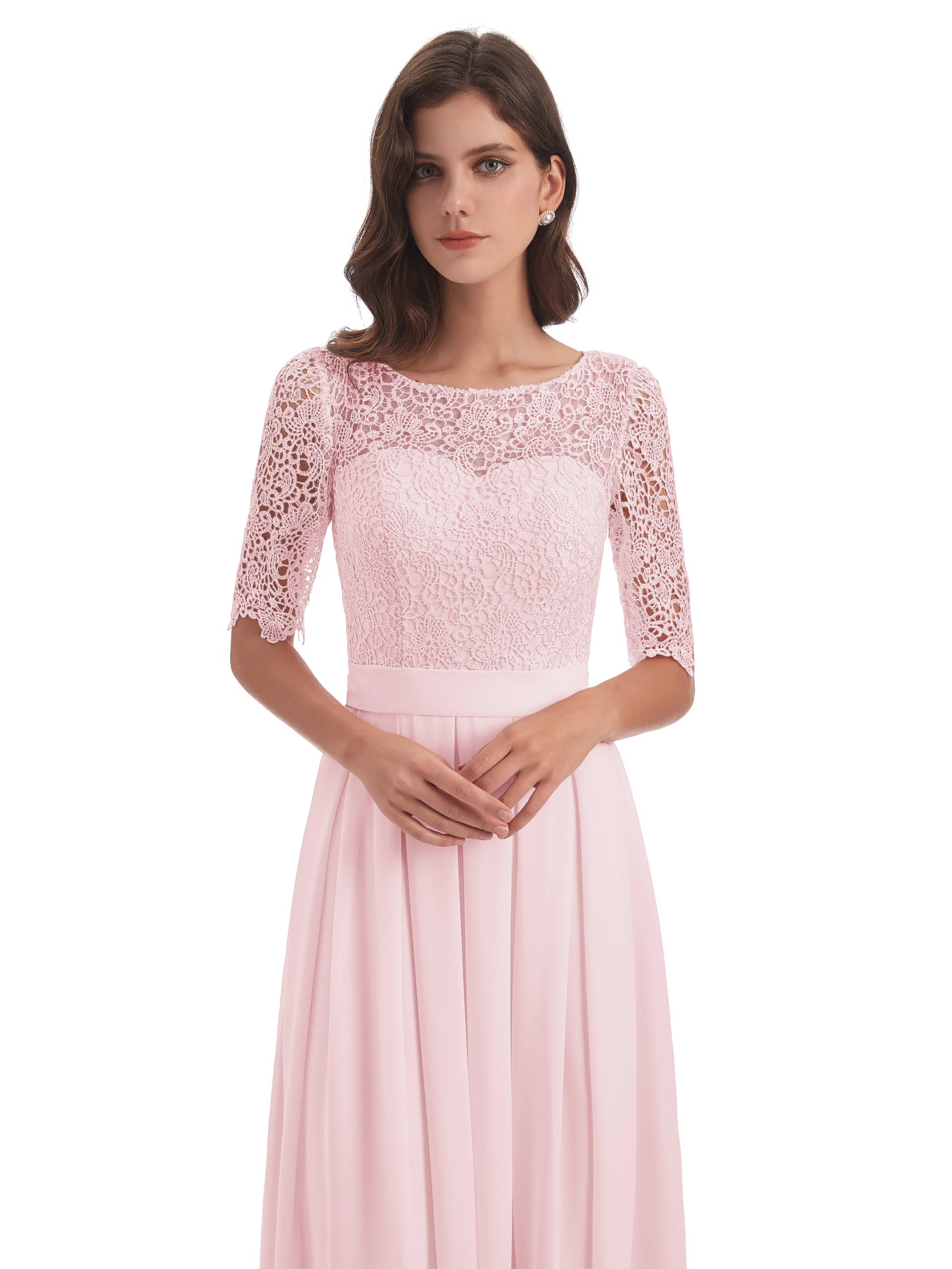 Brielle Impressive Lace Half Sleeves Chiffon Long Bridesmaid Dresses