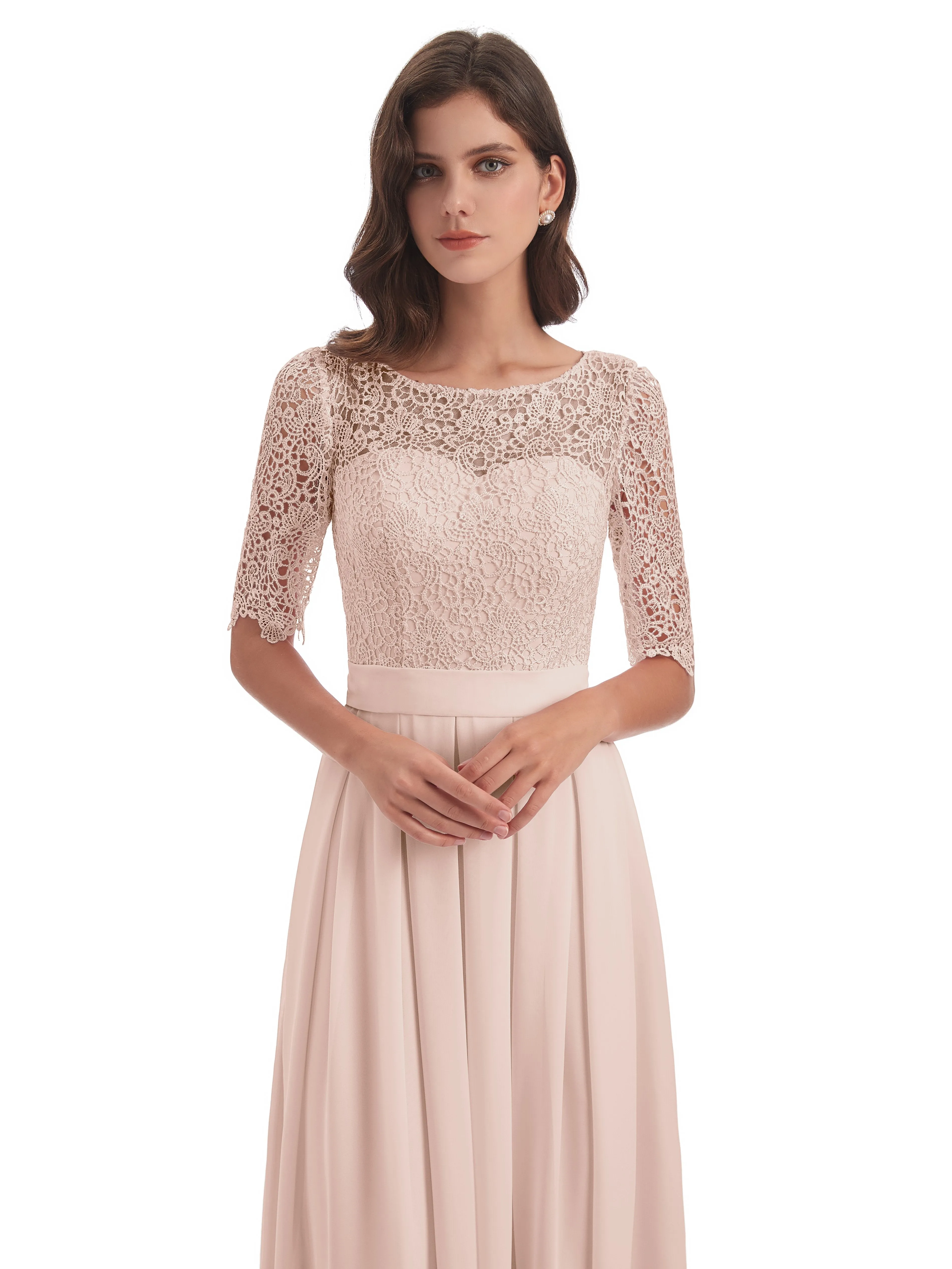 Brielle Impressive Lace Half Sleeves Chiffon Long Bridesmaid Dresses