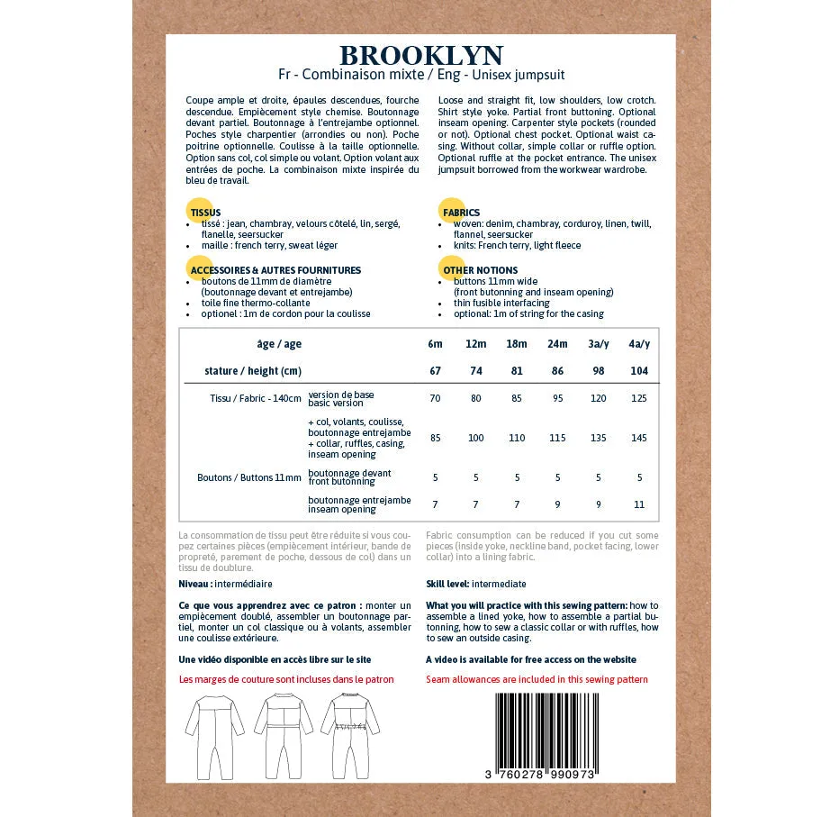 BROOKLYN Jumpsuit - Baby 6M/4Y - Paper Sewing Pattern