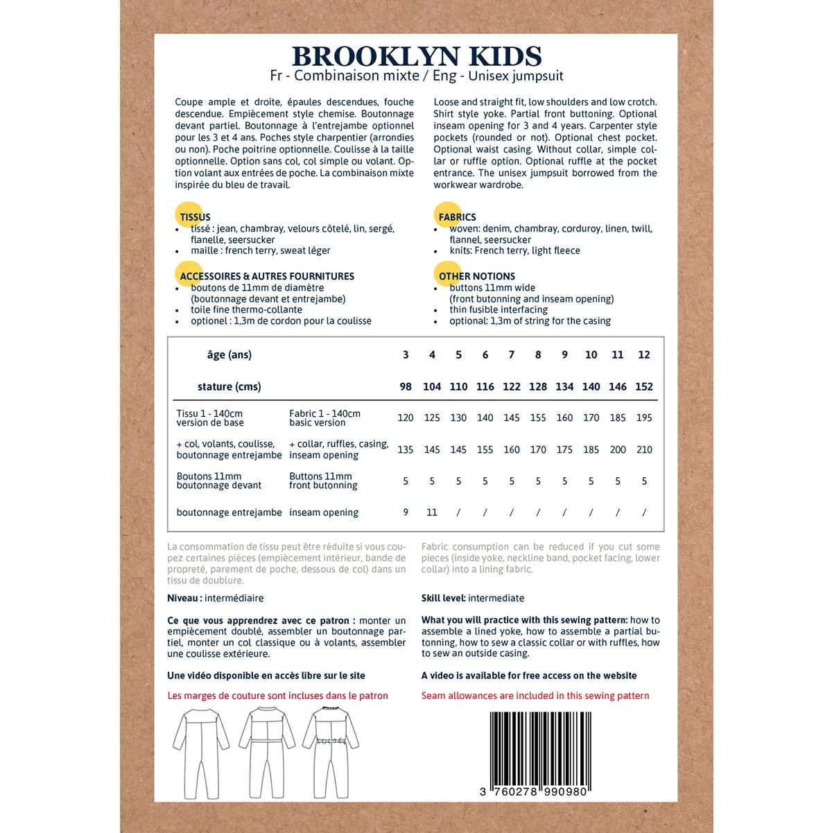 BROOKLYN Kids Jumpsuit - Kids 3/12Y - PDF Sewing Pattern