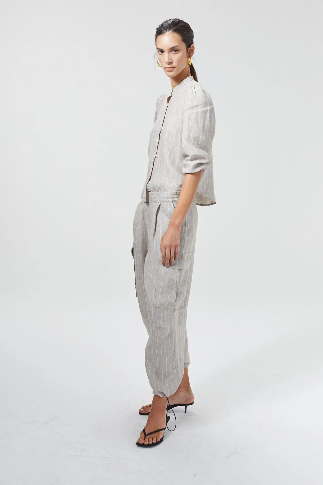 Cargo Linen Pants - Beige Stripes