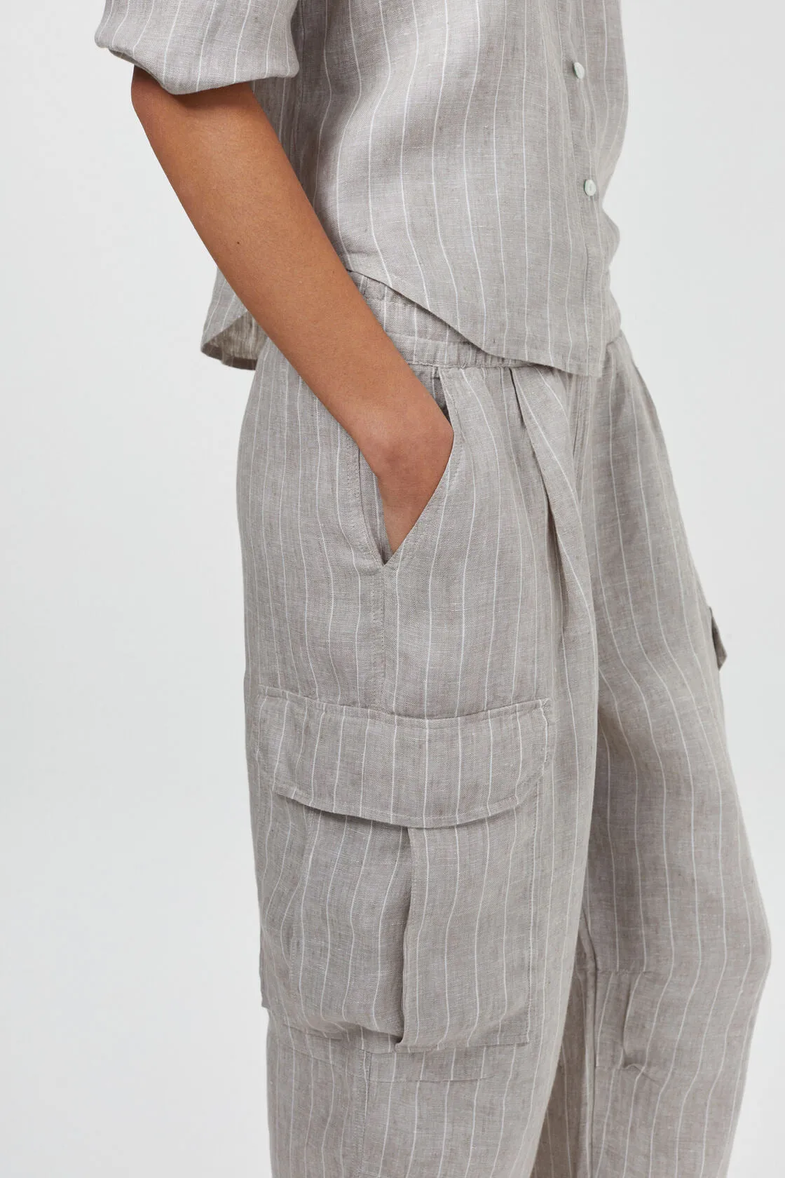 Cargo Linen Pants - Beige Stripes