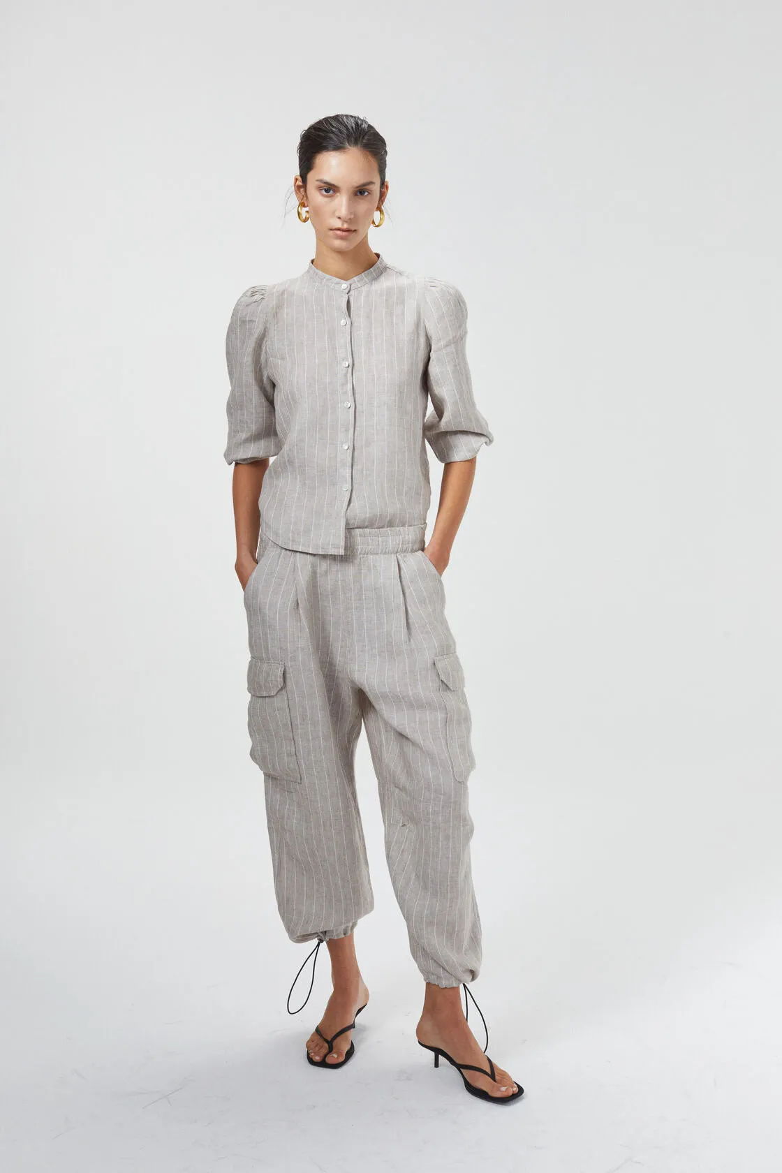 Cargo Linen Pants - Beige Stripes