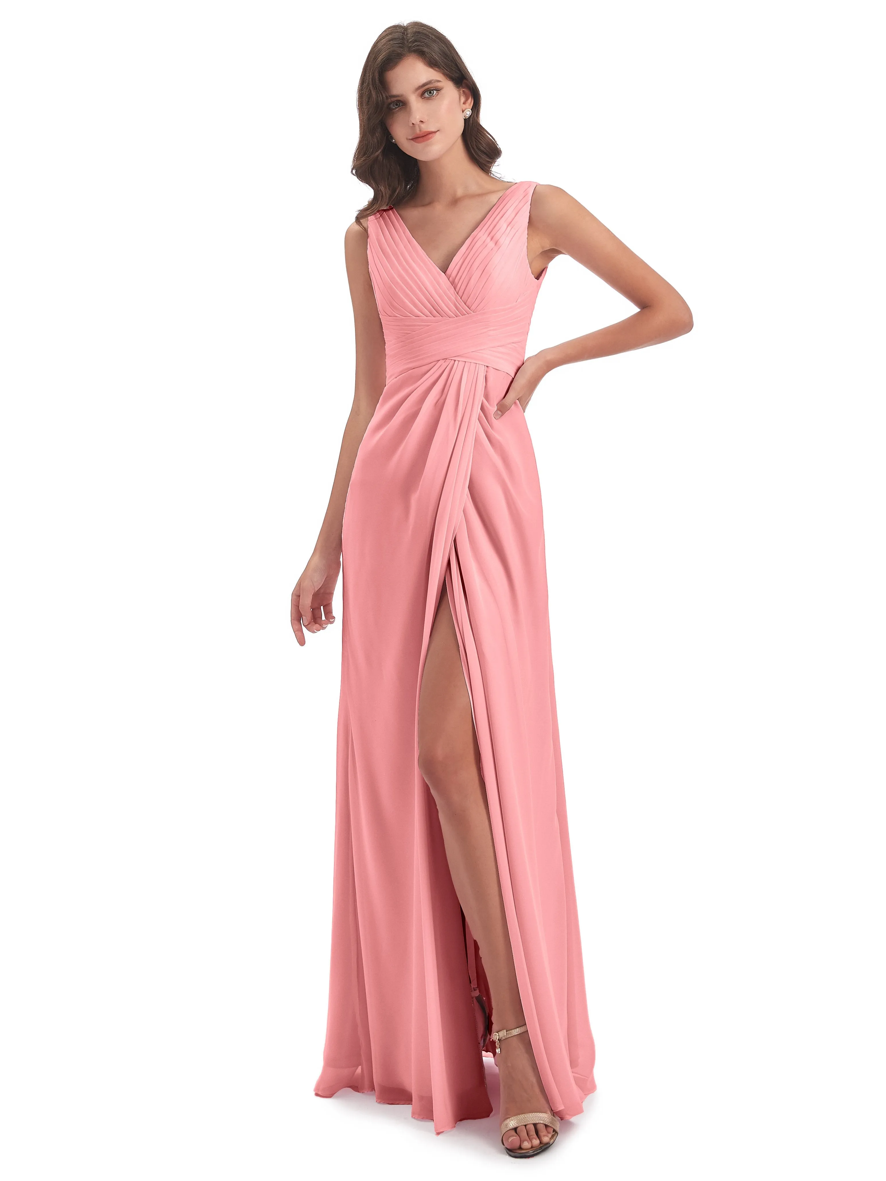 Caroline Unique V Neck Long Chiffon Bridesmaid Dresses